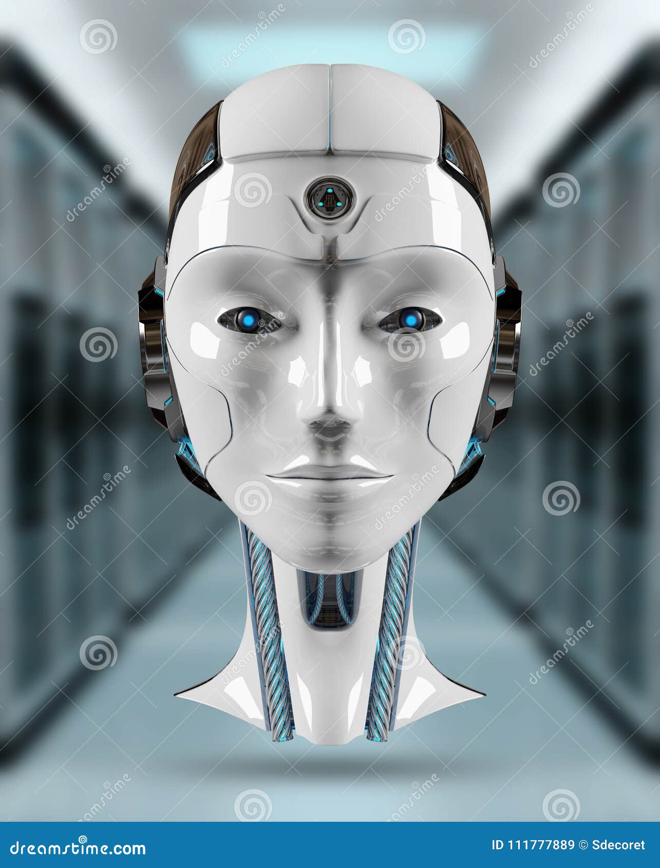 Rendição principal da inteligência artificial 3D do Cyborg. Inteligência artificial principal do Cyborg na rendição cinzenta do fundo 3D