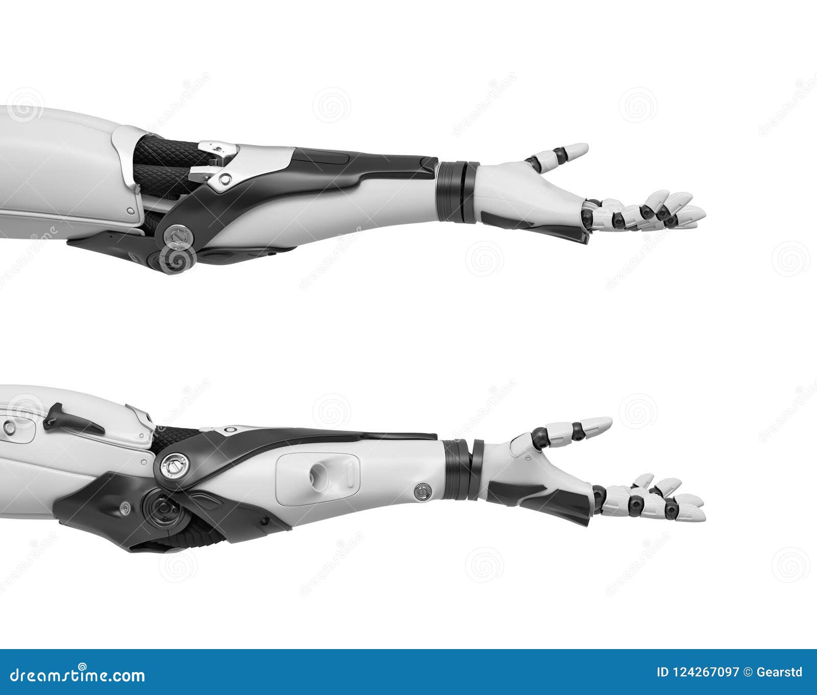 Rendu 3d de deux bras robotiques noirs et blancs montrés horizontalement avec les paumes ouvertes dans le geste amical Aide d'offres de robot Prenez et recevez le mouvement Technologies auxiliaires