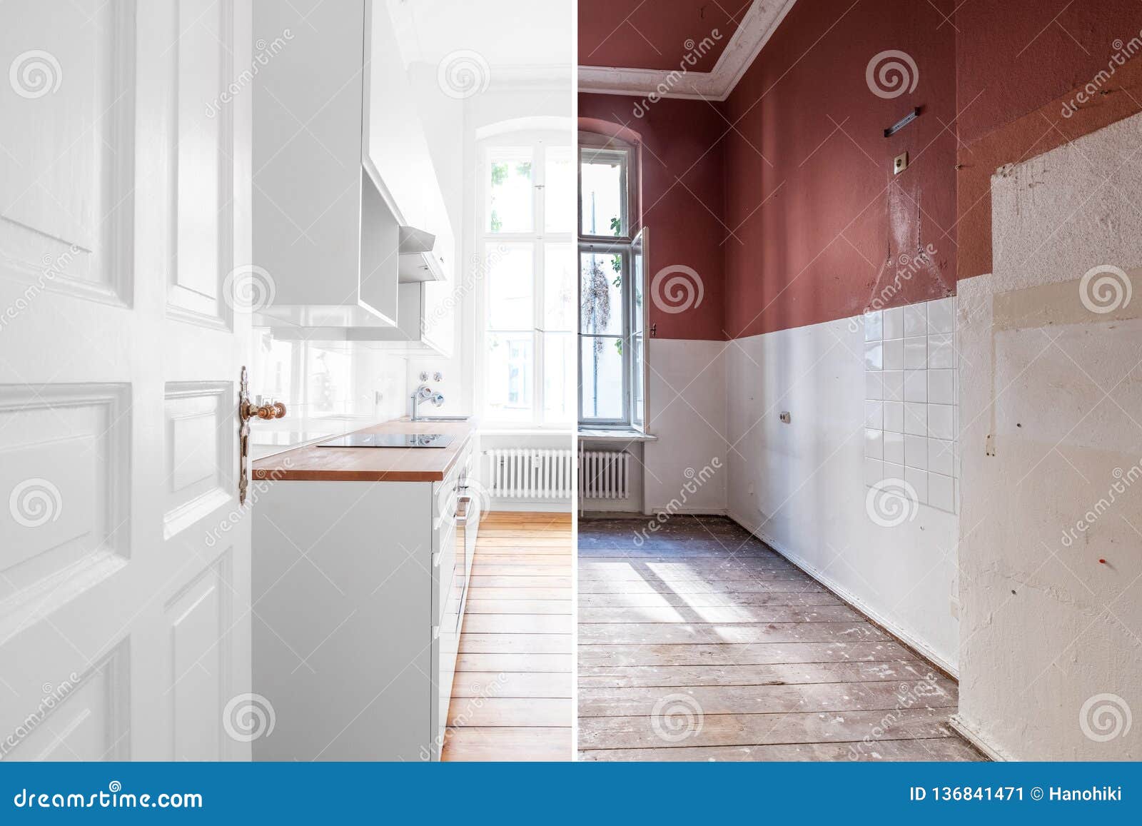 renovation concept - kitchen room before and after refurbishment or restoration