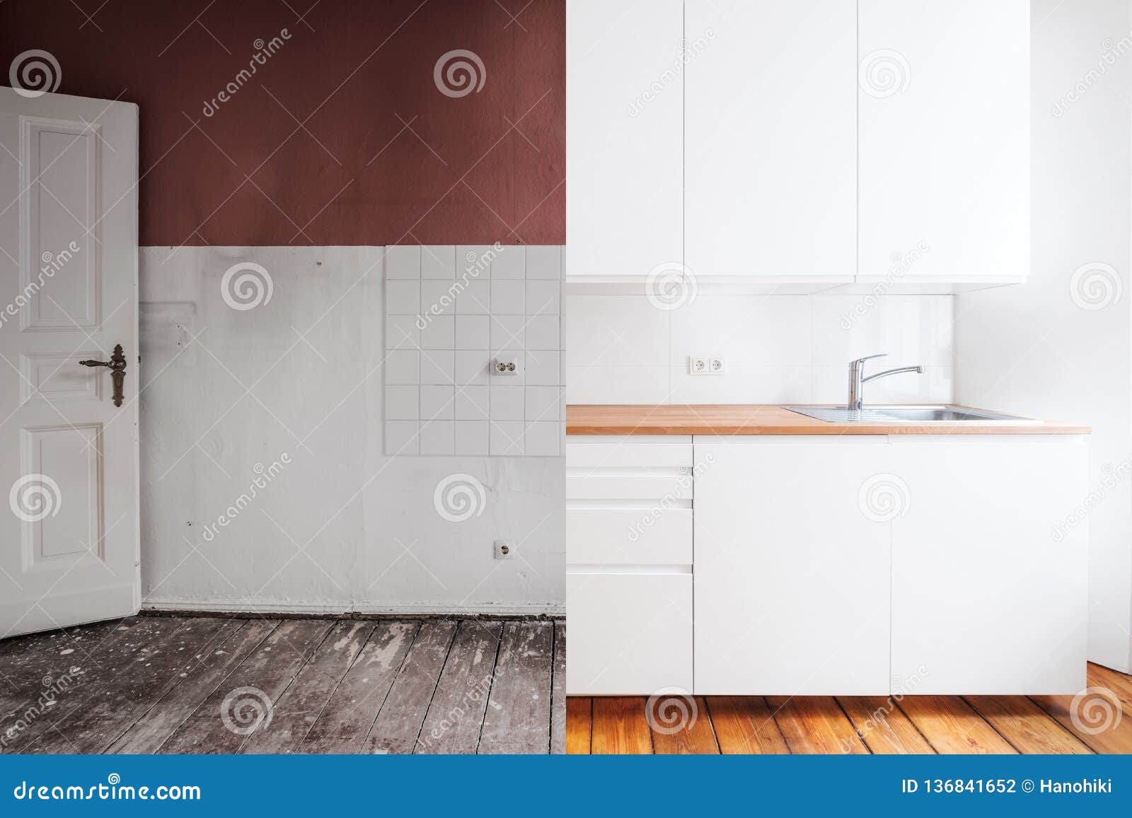 renovation concept -kitchen room before and after refurbishment or restoration