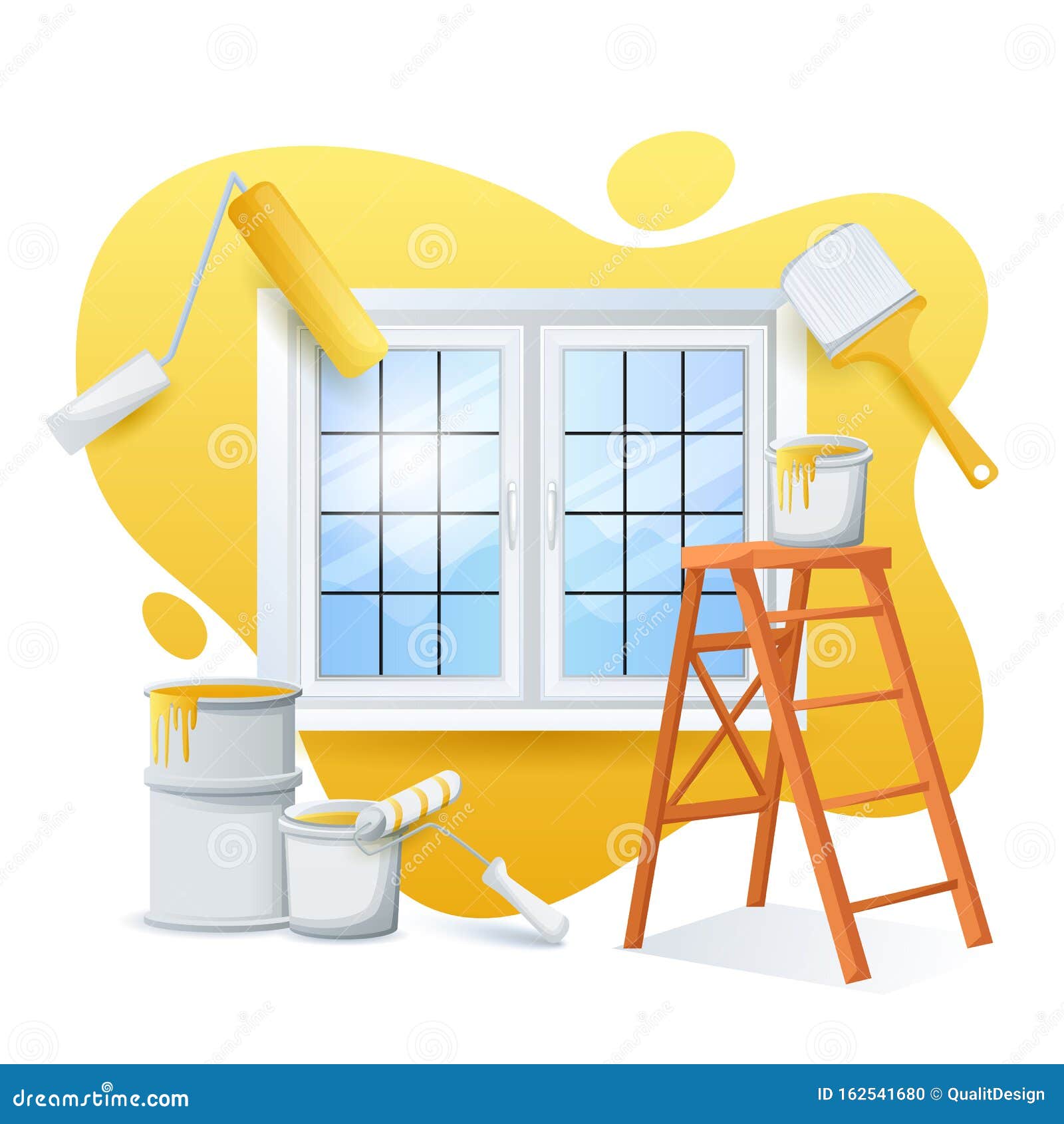 Renovation and Painting House Concept. Vector Flat Cartoon Illustration of  Ladder, Paint Cans, Roller, Paintbrush Stock Vector - Illustration of  business, brush: 162541680
