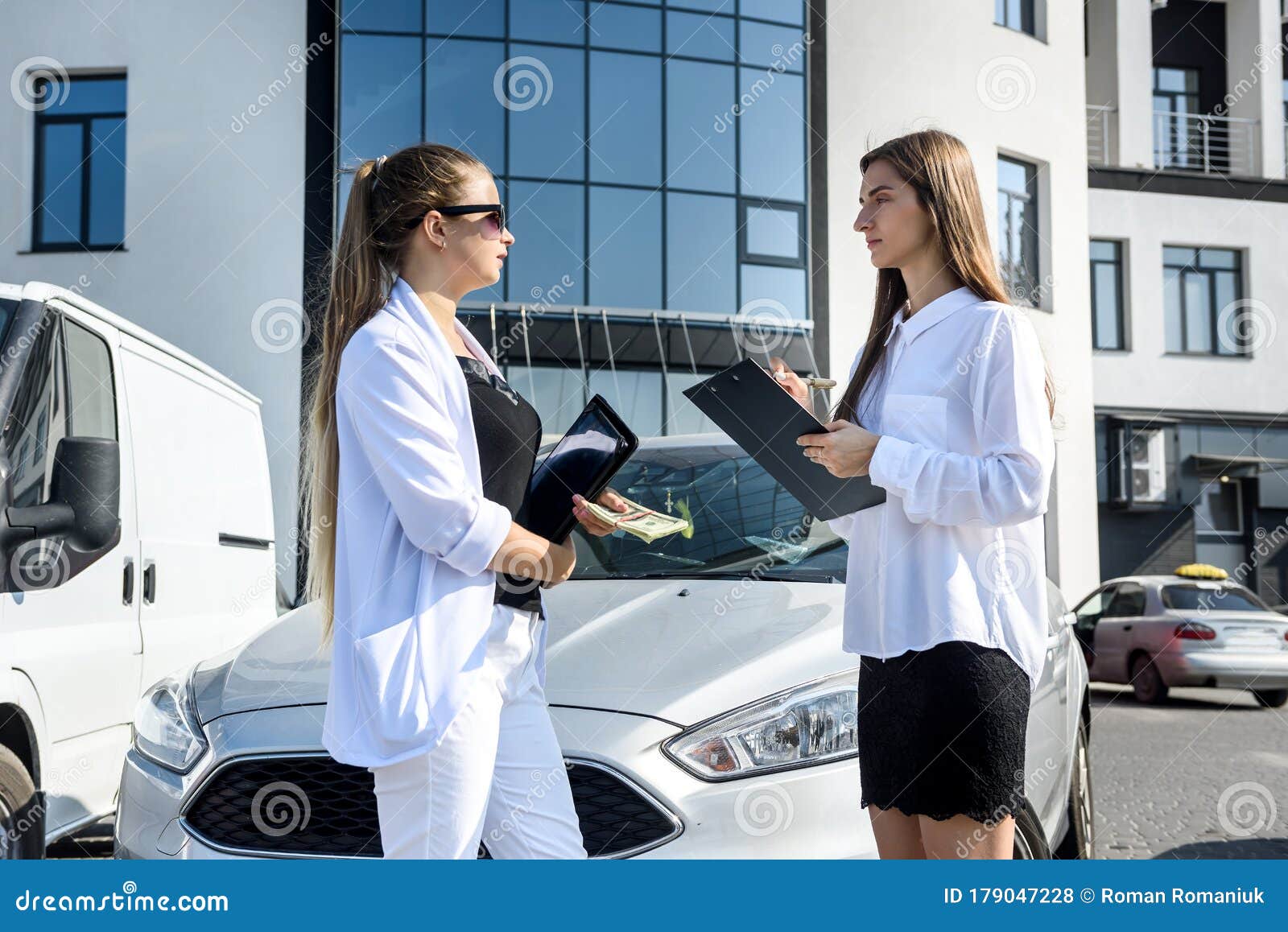 Rent Or Car Buy Concept. Two Women With Dollar Bundle Posing Near Car Stock Photo - Image of ...