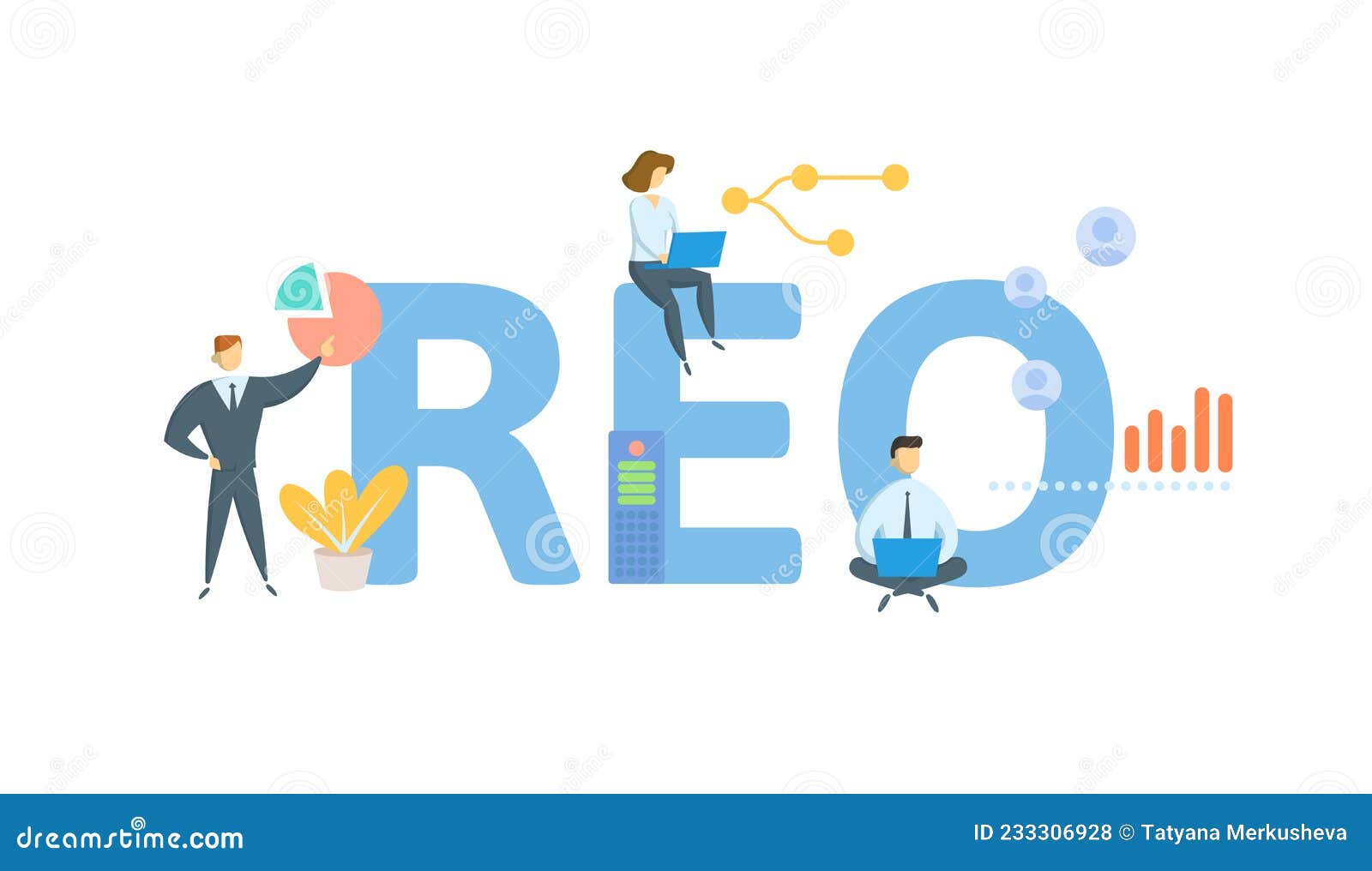 reo, real estate owned. concept with keyword, people and icons. flat  .  on white.