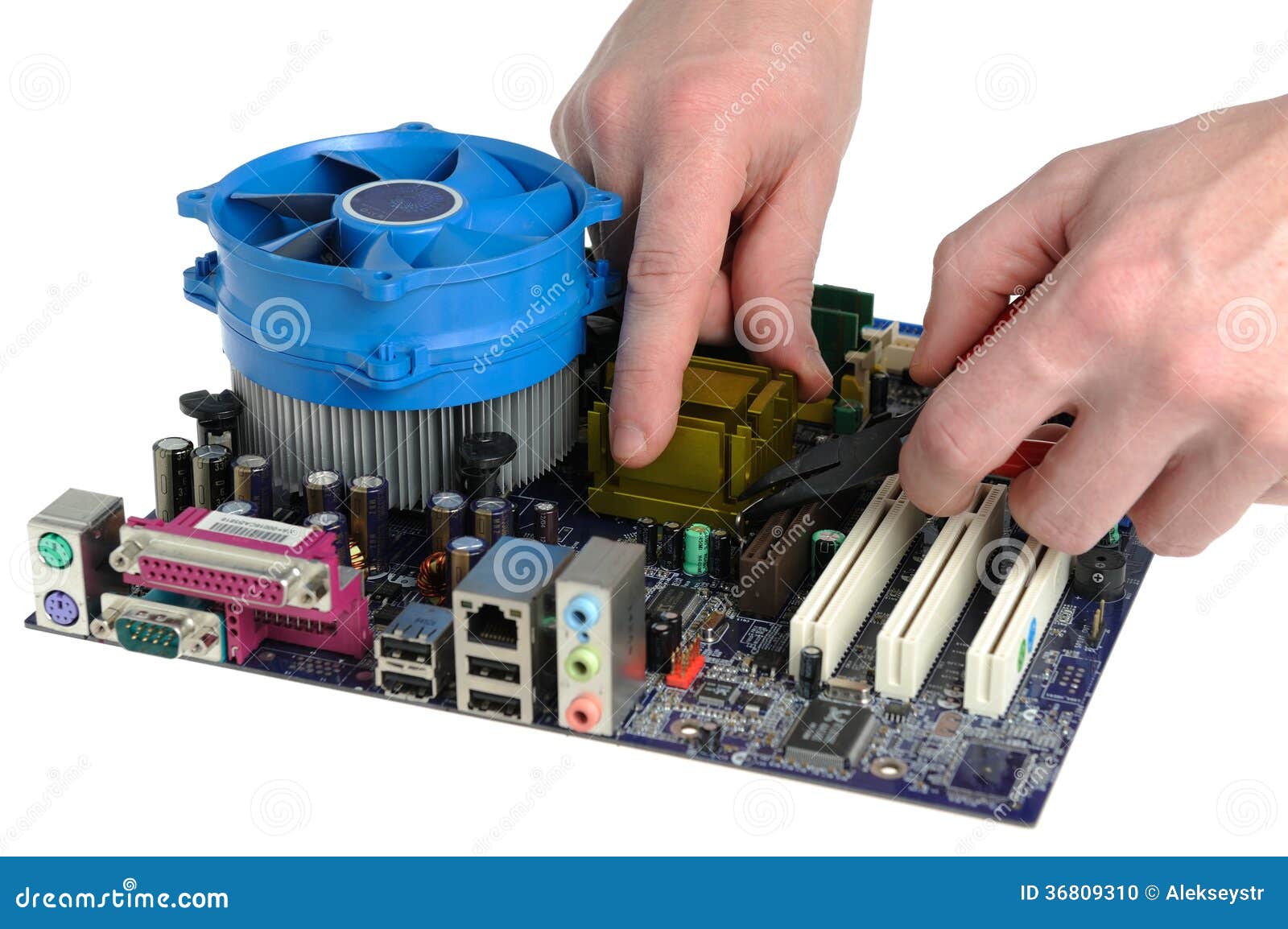 Repair of Computer Motherboard Stock Photo Image of hands, detail