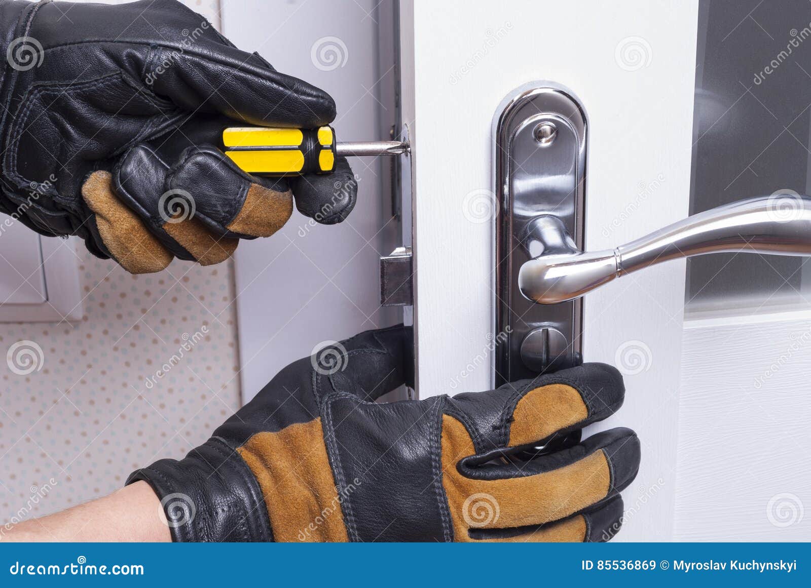 Repair door lock stock image. Image of screwdriver, install 85536869