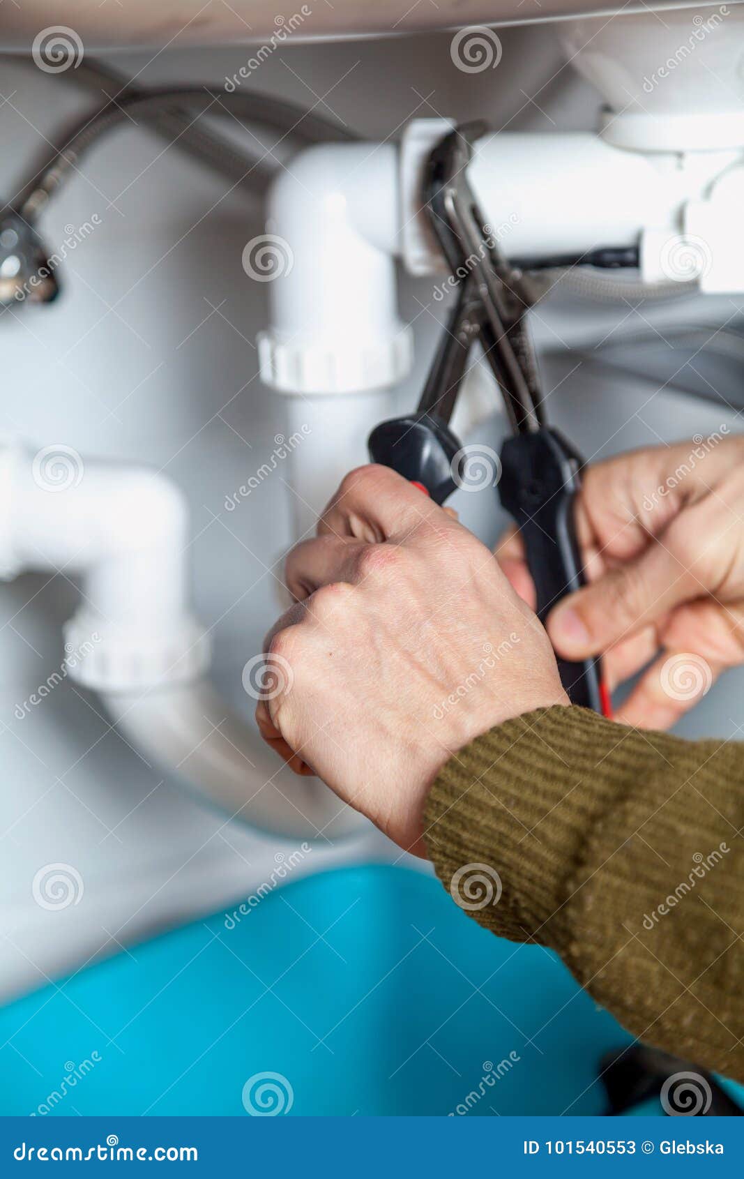 Repair Of Kitchen Overflow Pipe Wrench Closeup Stock Image