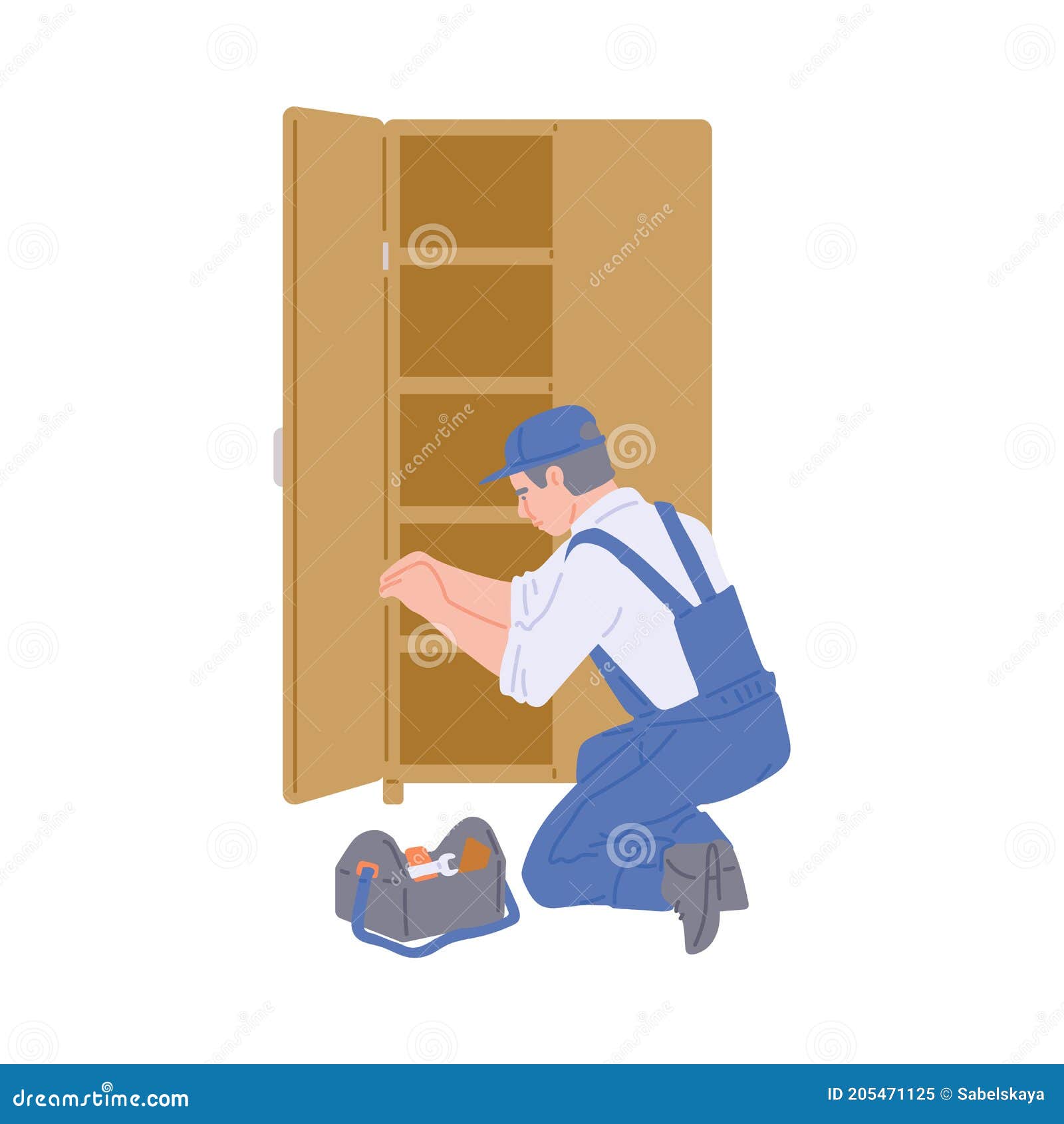Furniture Maker is Assembling or Repairs of Wooden Wardrobe a Vector
