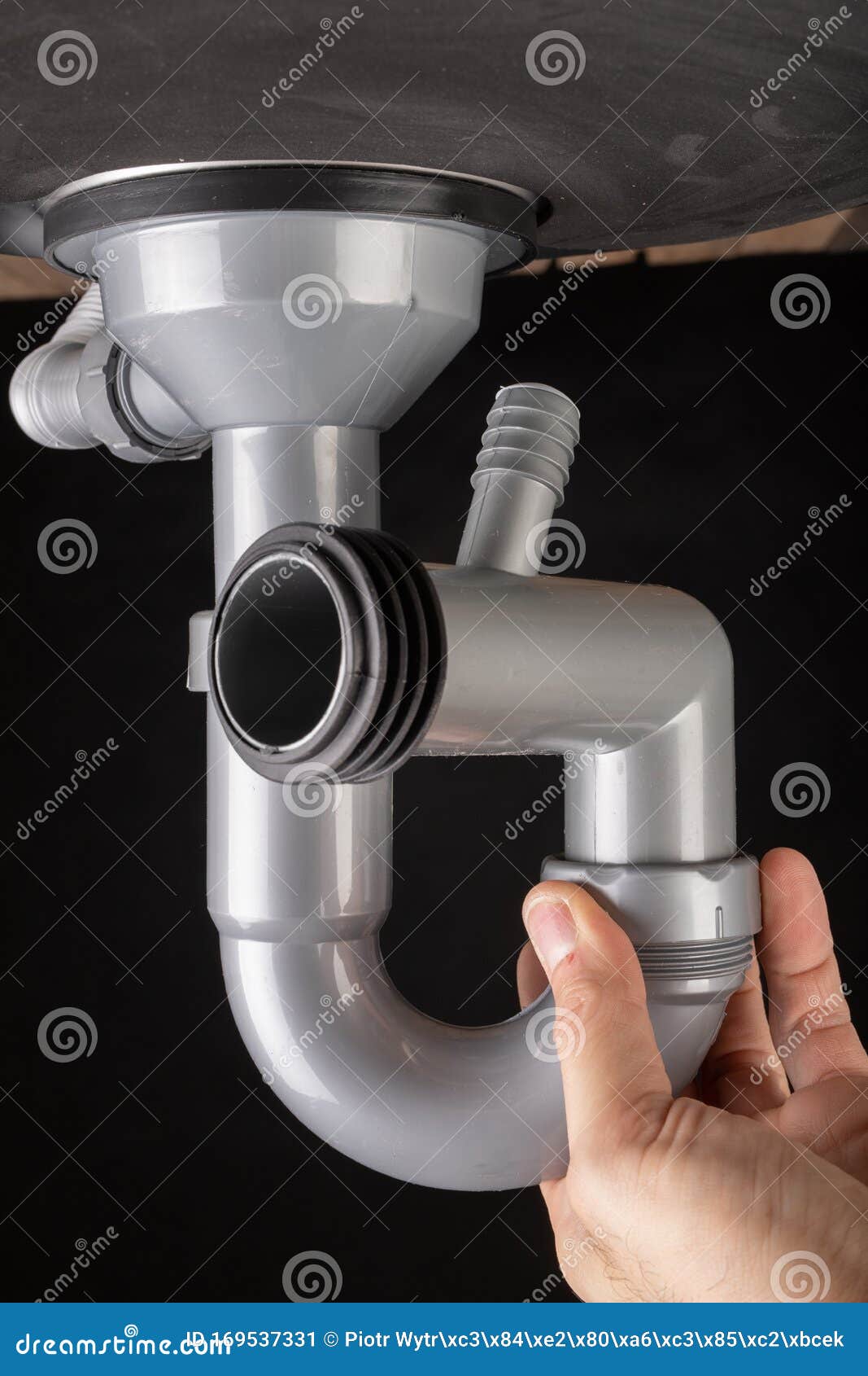 Repair Of The Plastic Siphon Under The Kitchen Sink Drain Installation In A Home Kitchen Stock Image Image Of Installation Damaged 169537331