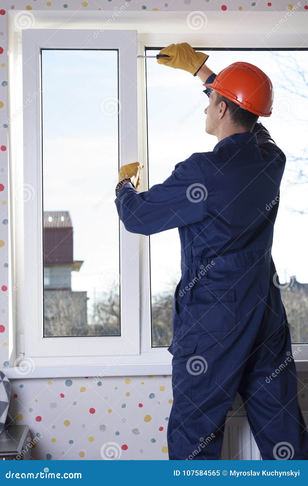 Repair of plastic windows stock image. Image of installation 107584565