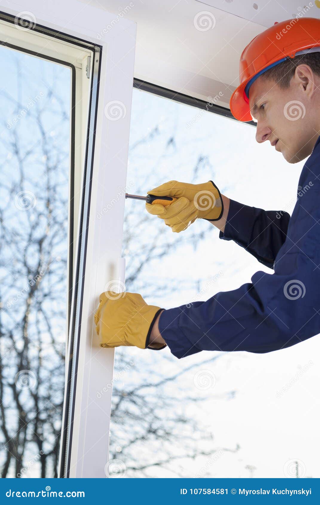 Repair of plastic windows stock image. Image of window 107584581
