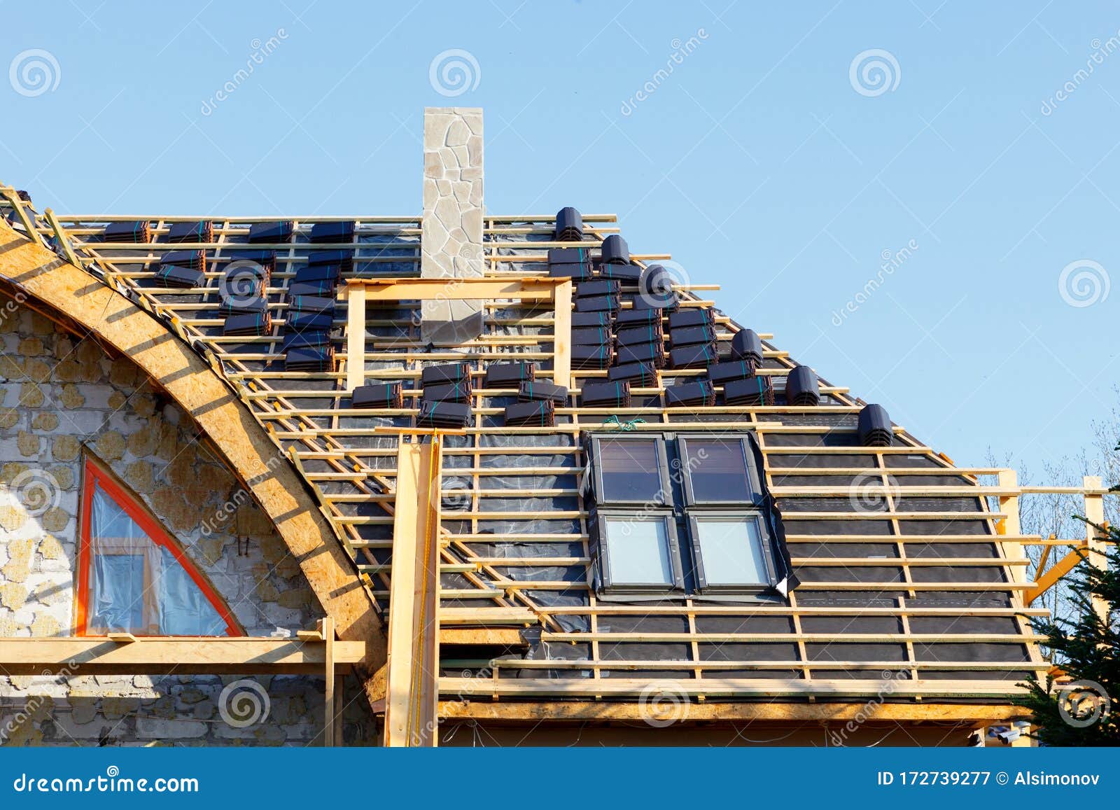 Repair of a Roof Made of Ceramic Tiles with Skylight Windows Stock Image Image of ceramic