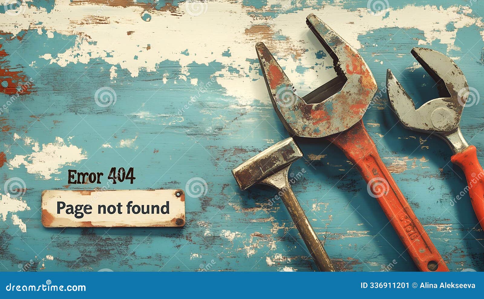 repair tools next to an "error 404 page not found" sign on a weathered, painted surface, copy space. perfect for repair