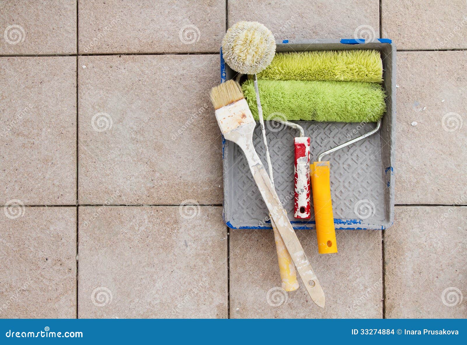 Repair Tools Over Stone Floor Tile Background. Copy Space. Stock Photo