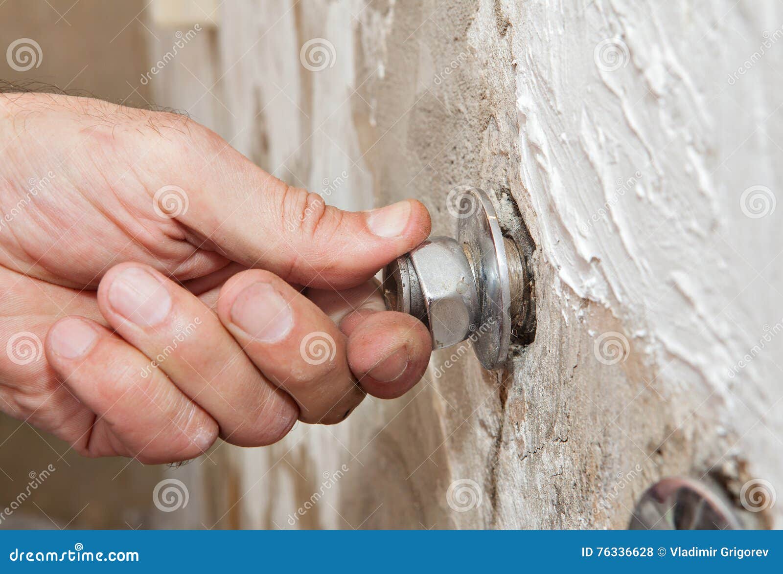 Repair Wall Mount Faucet Close Up Hand Plumber Turns Eccentric