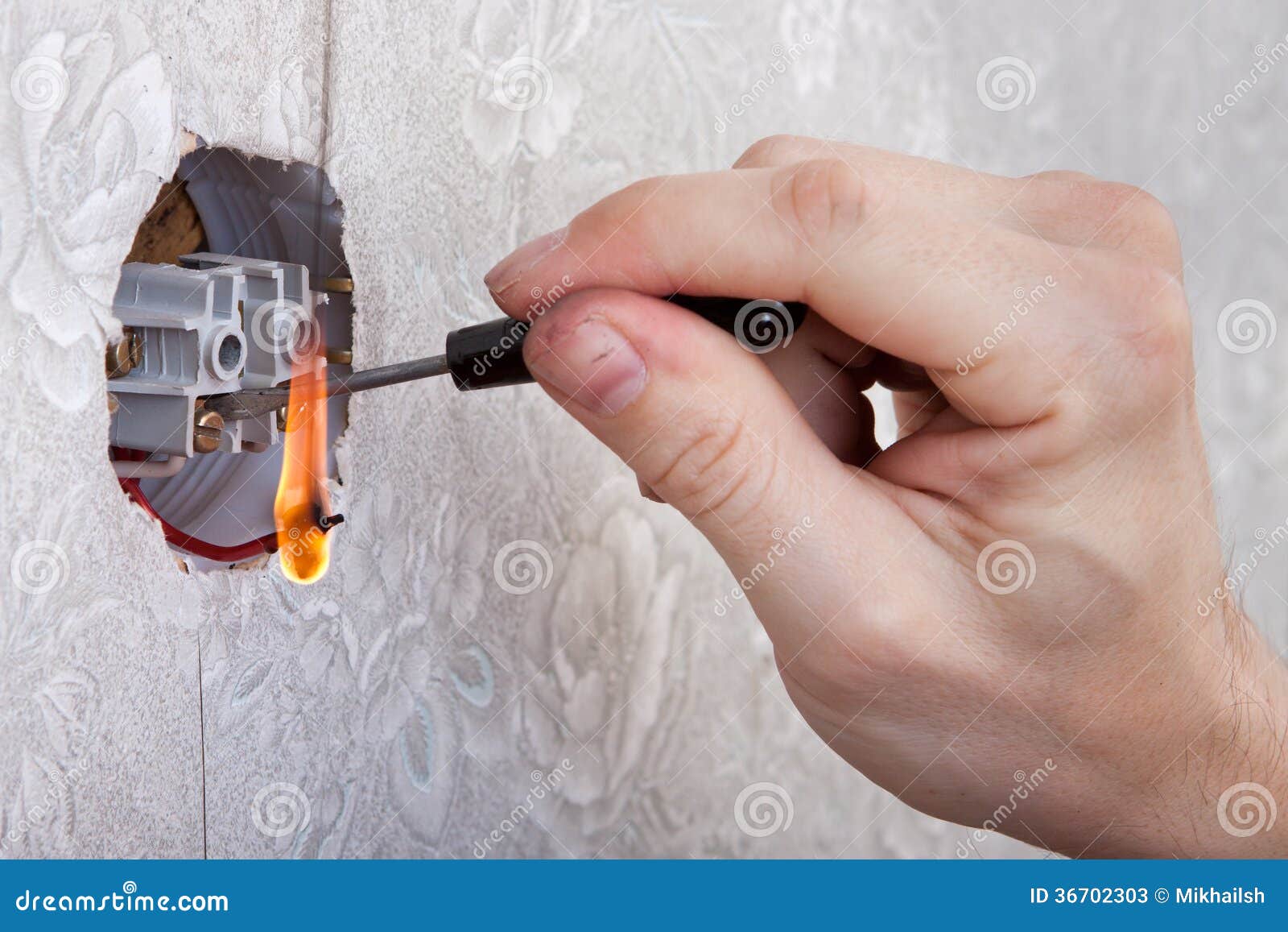 Repairing Electrical Outlet with Fire Stock Image Image of short