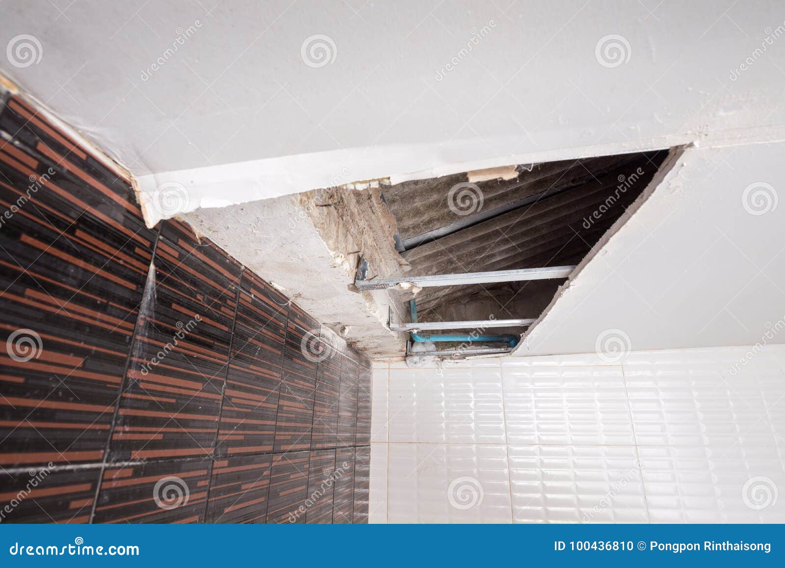 Repairing A Water Leak Damaged Ceiling Stock Photo Image Of