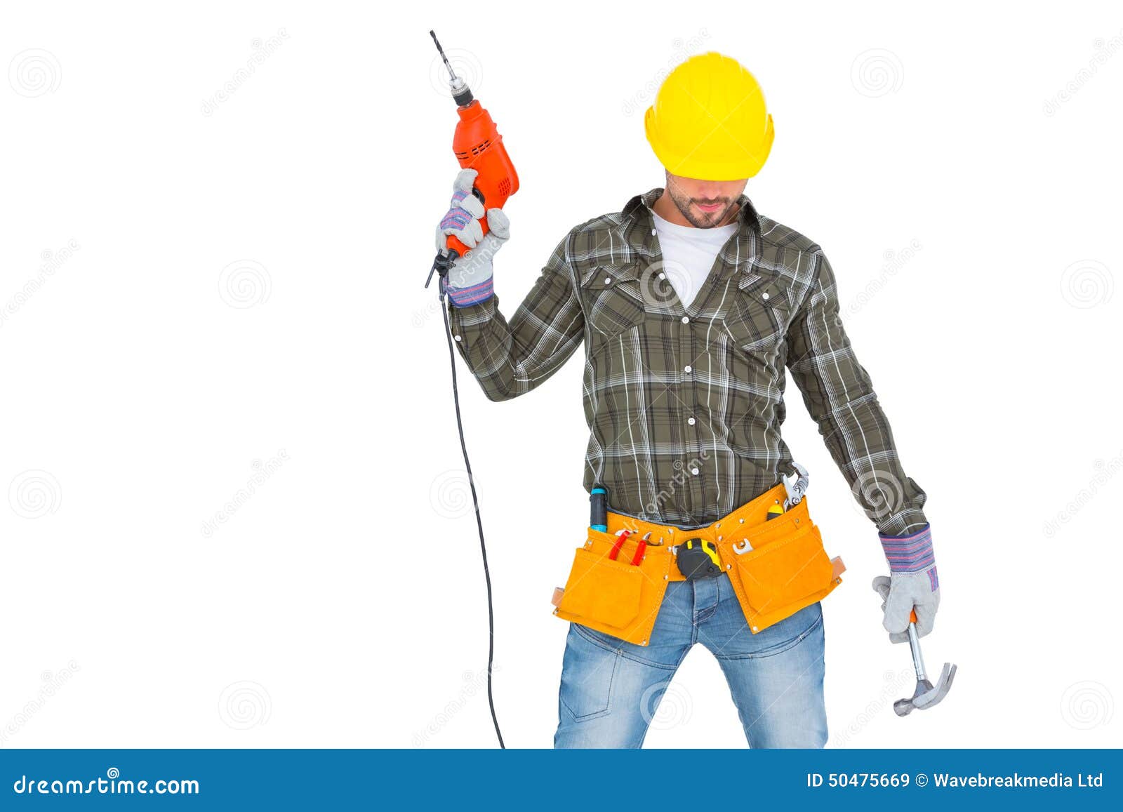 Repairman Holding Hammer and Drill Machine Stock Image Image of