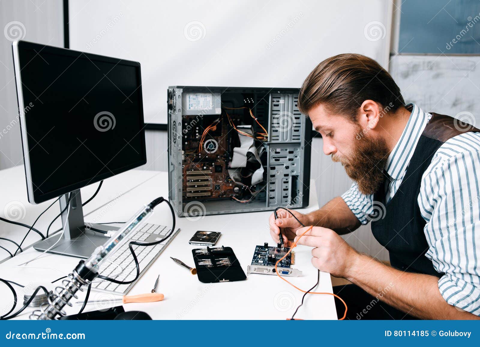 Repairman Welding Computer Circuit in Stock Image Image of