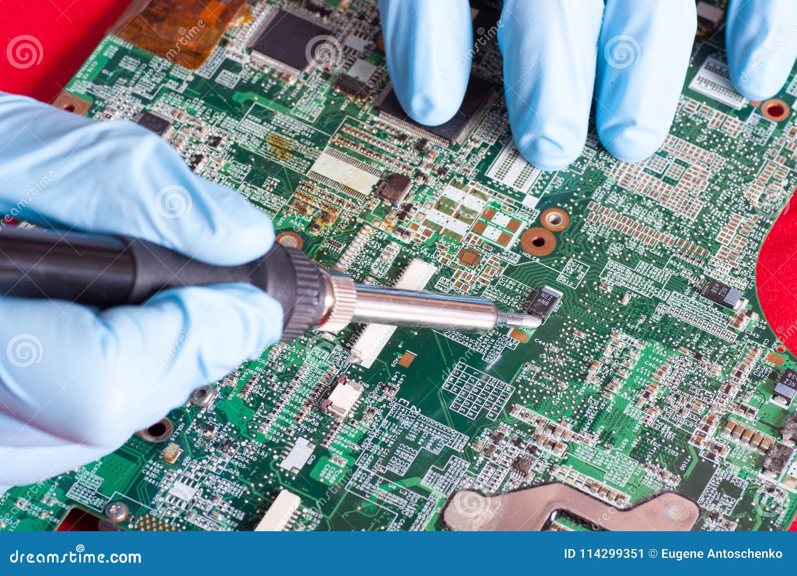 Repairmans Hands Repairing Printed Circuit Board Stock Image Image of