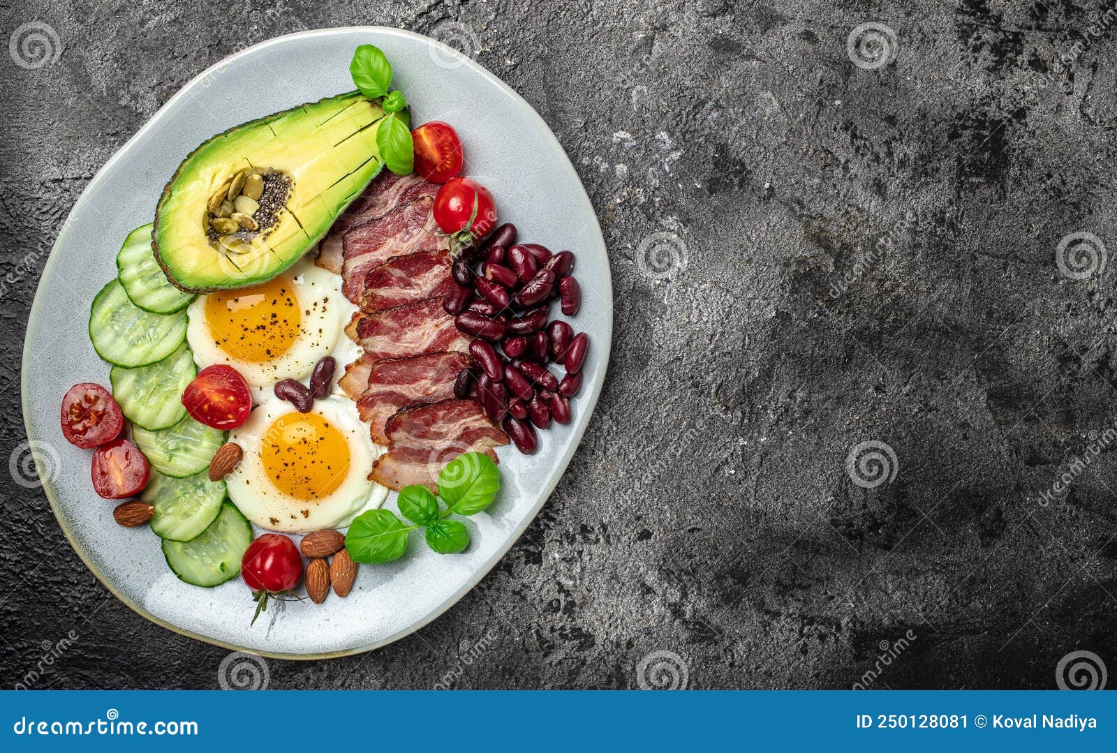 assiette avec une céto régime aliments. frit œuf, jambon, épinard, et  tomates. céto, paléo petit déjeuner. Haut voir, copie espace 26717320 Photo  de stock chez Vecteezy