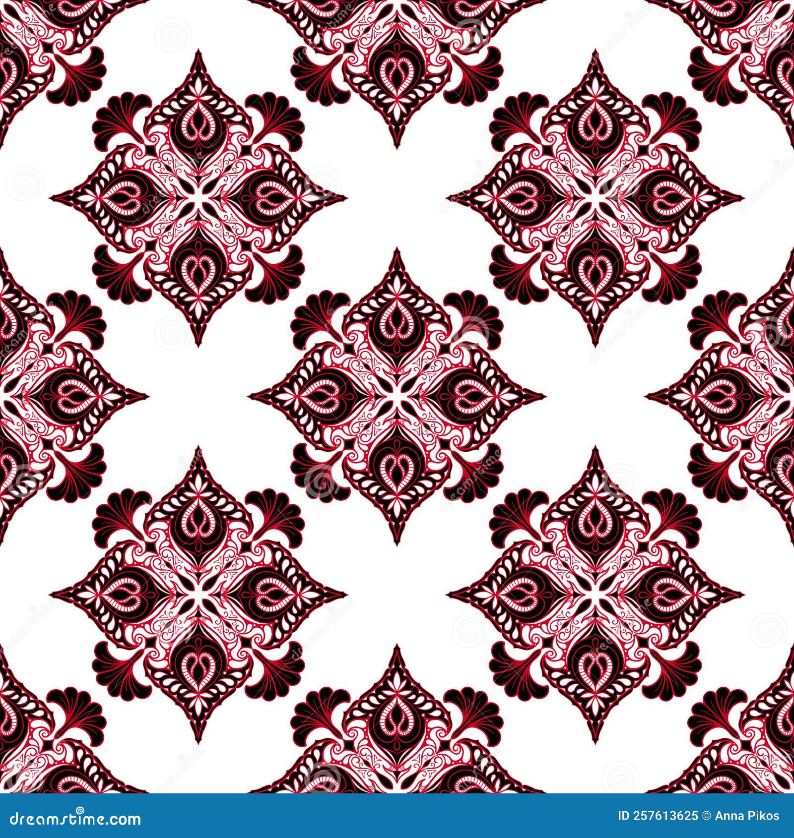 repeating diamond mandala pattern  in black red and white