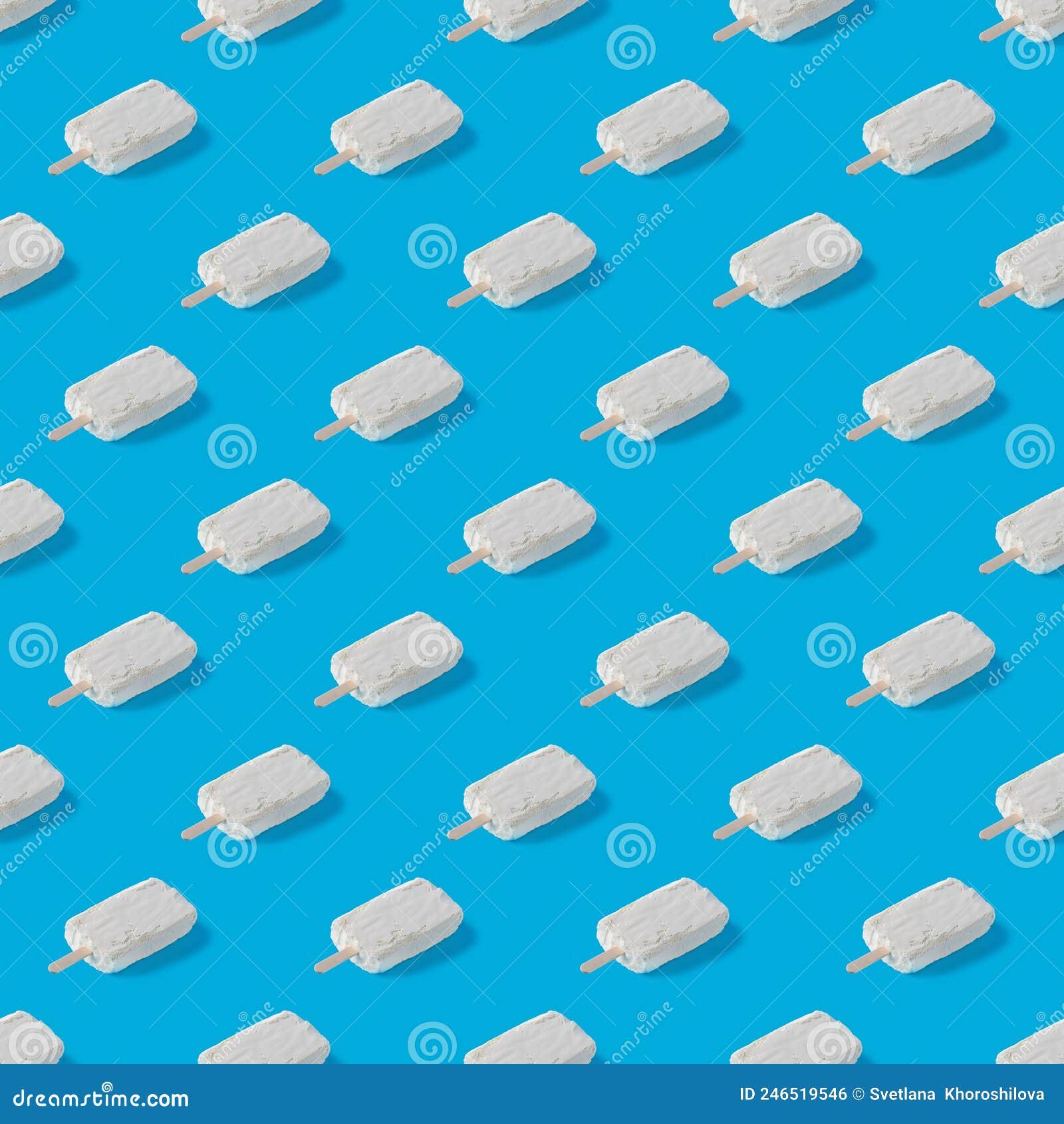 Repeating Pattern of White Creamy Ice Cream on a Blue Background Stock