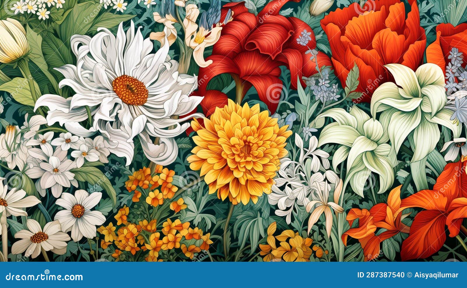 repeating whimsical patterns of various flowers and foliage strong central focal point.