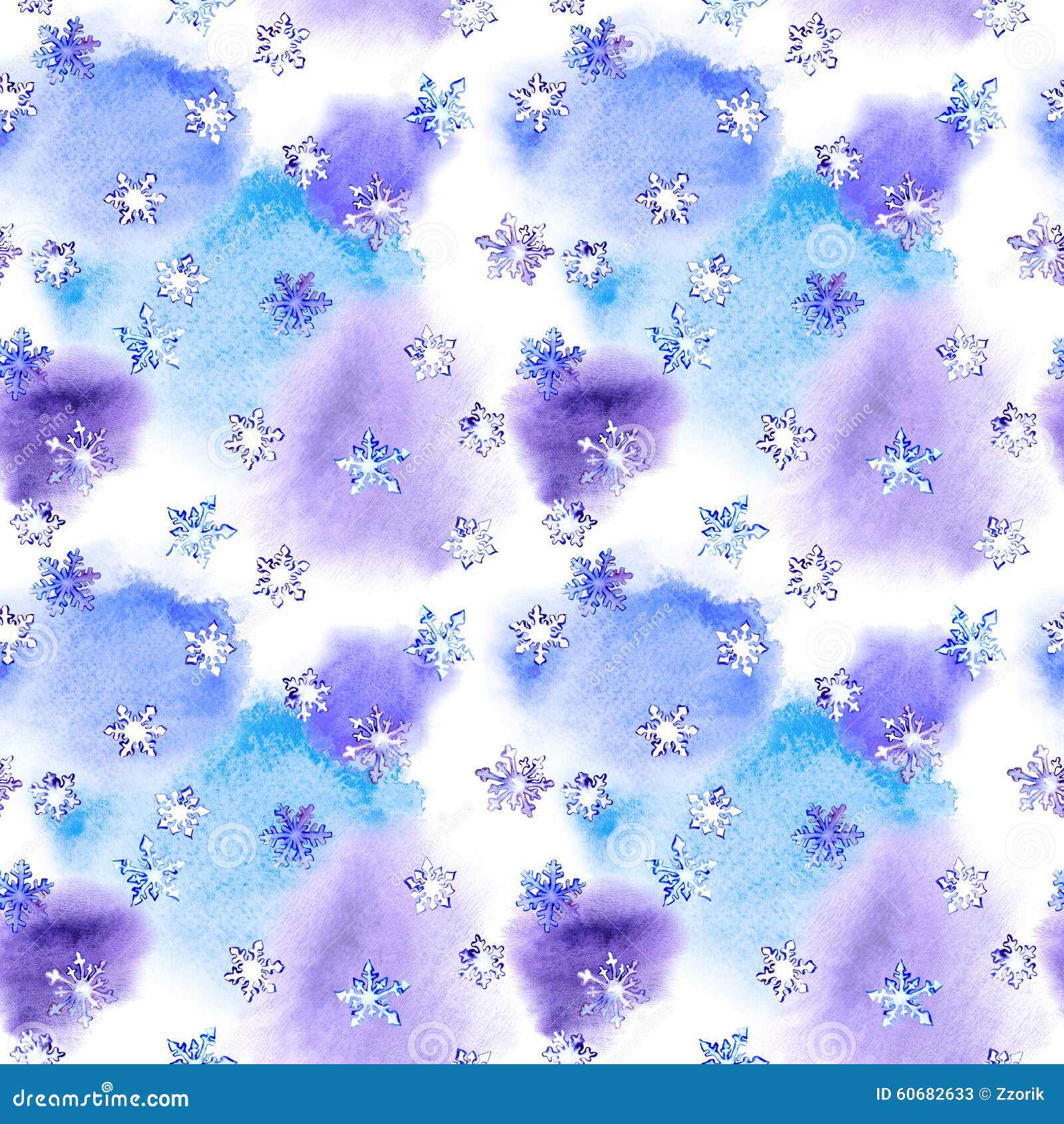 repeating winter pattern with snowflakes on blotch watercolor