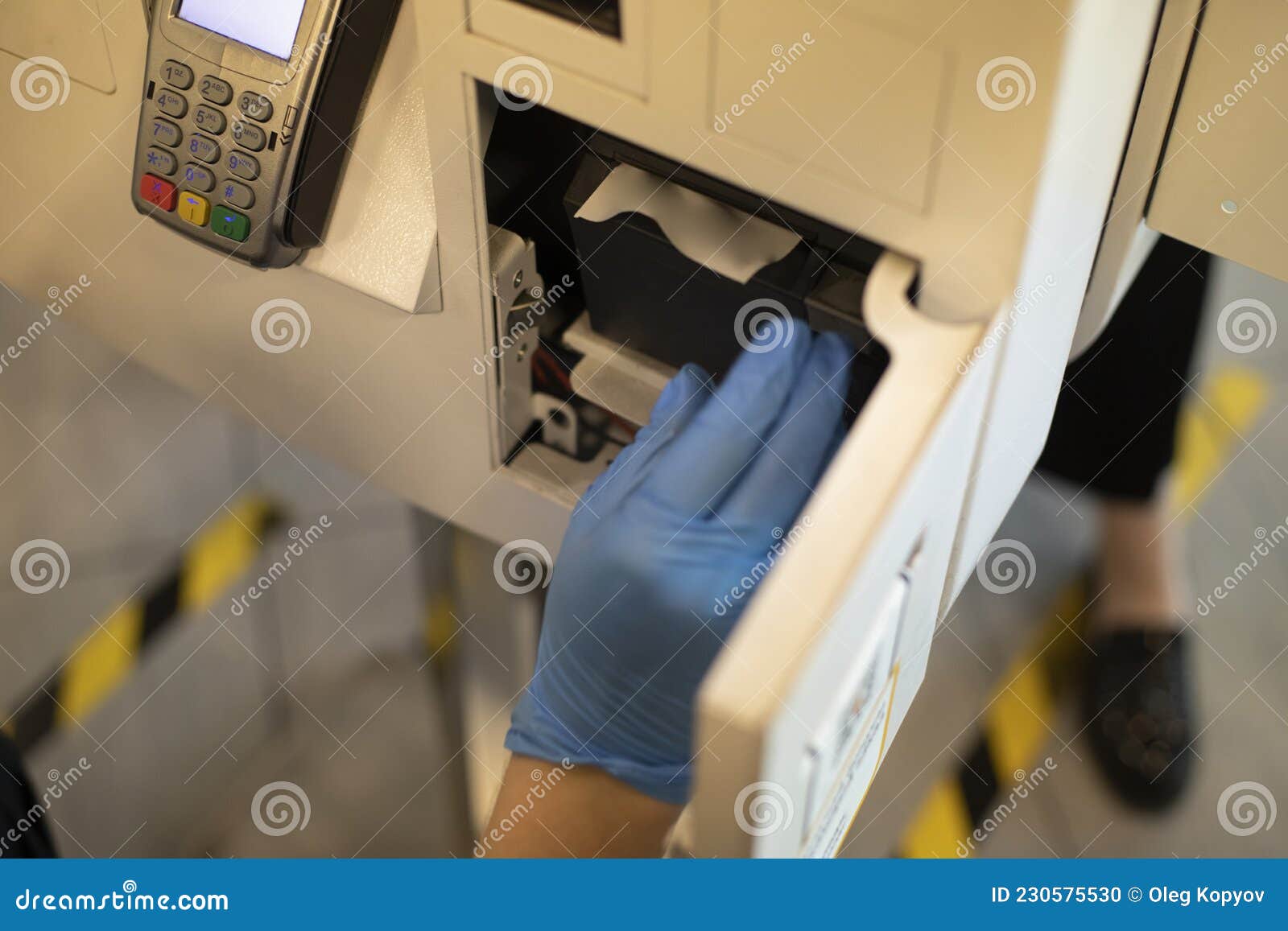 Replacement of the Cash Register Tape. Receipt Tape Reader Stock Photo