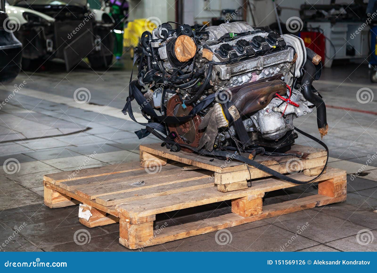 Replacement Engine Used on a Pallet Mounted for Installation on a Car