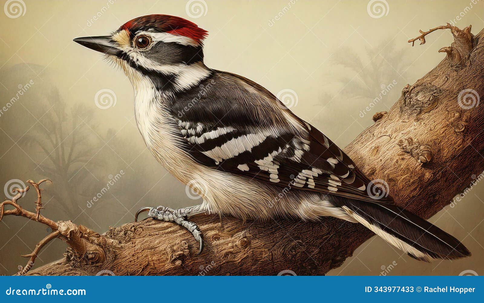 ai generated. a replication of an old art print of a downy woodpecker perched on a branch.