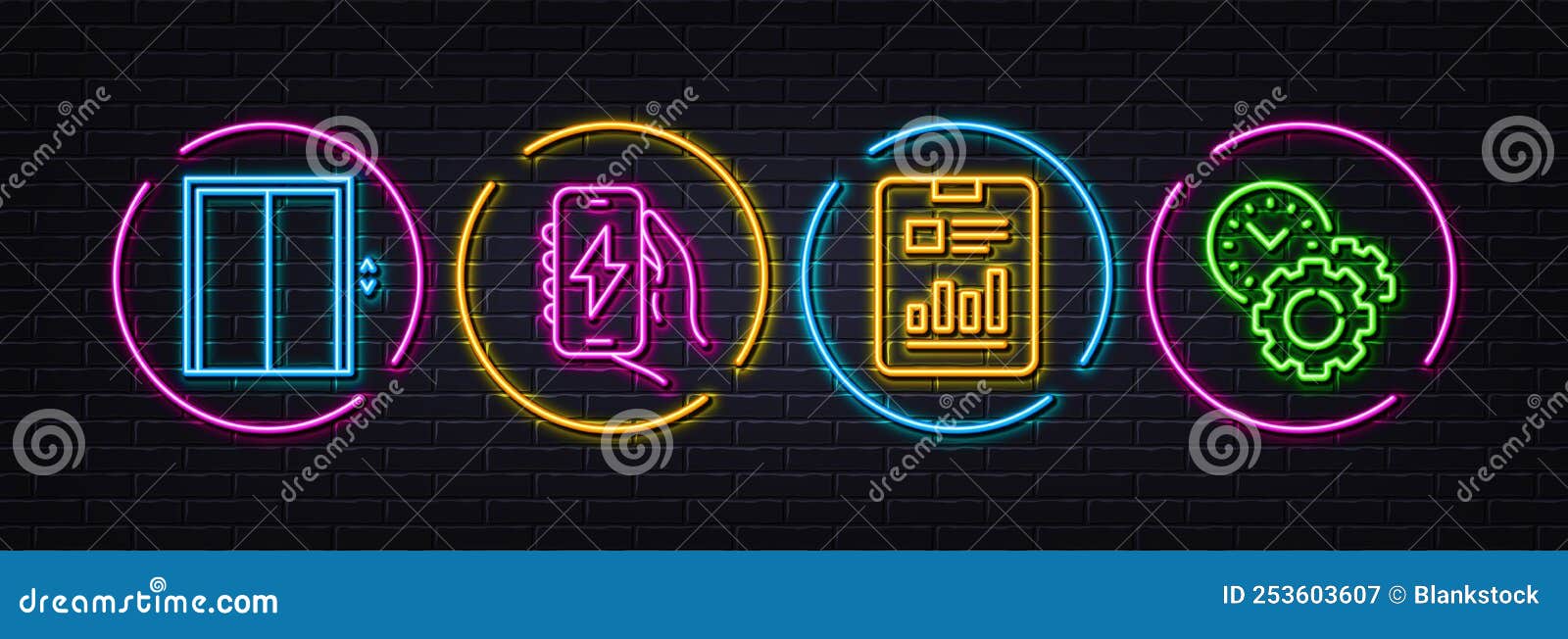 report document, lift and charging app minimal line icons. for web application, printing. neon laser 3d lights. 