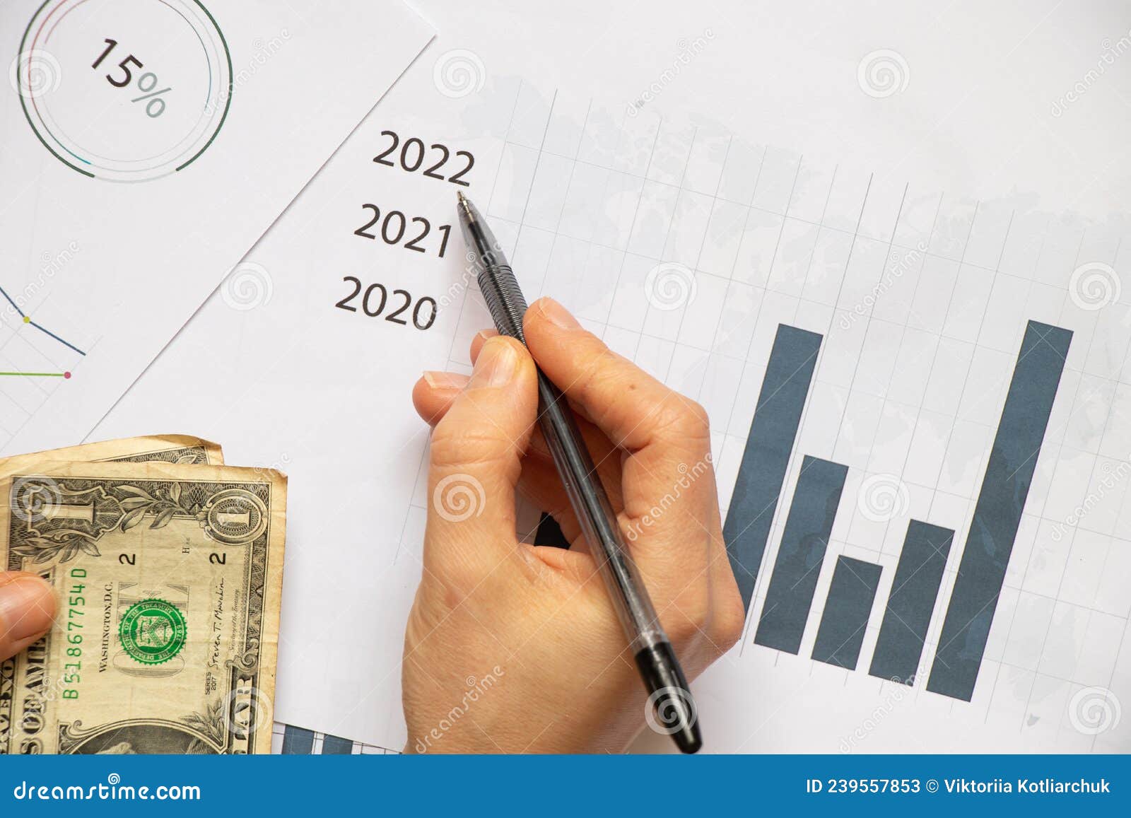 reports and histograms on paper on the table in the hands of a girl, analytics and statistics on paper, business