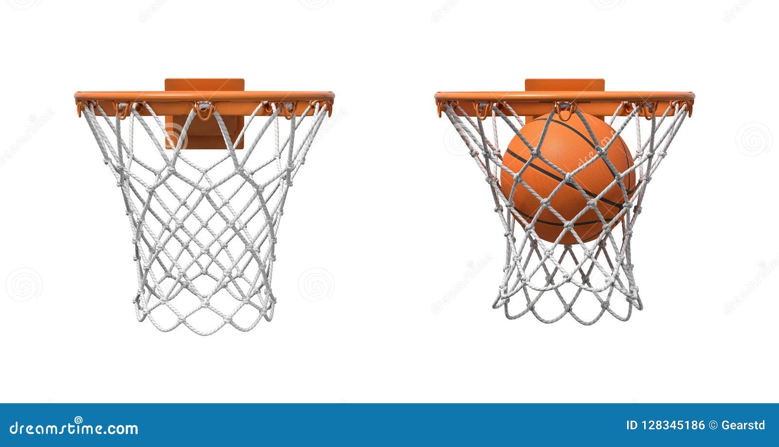 Representación 3d De Dos Redes Del Baloncesto Con Los Aros Anaranjados, Una Vacía Y Una Con Una Bola Que Cae Dentro Stock de ilustración - Ilustración de vacía, redes: 128345186