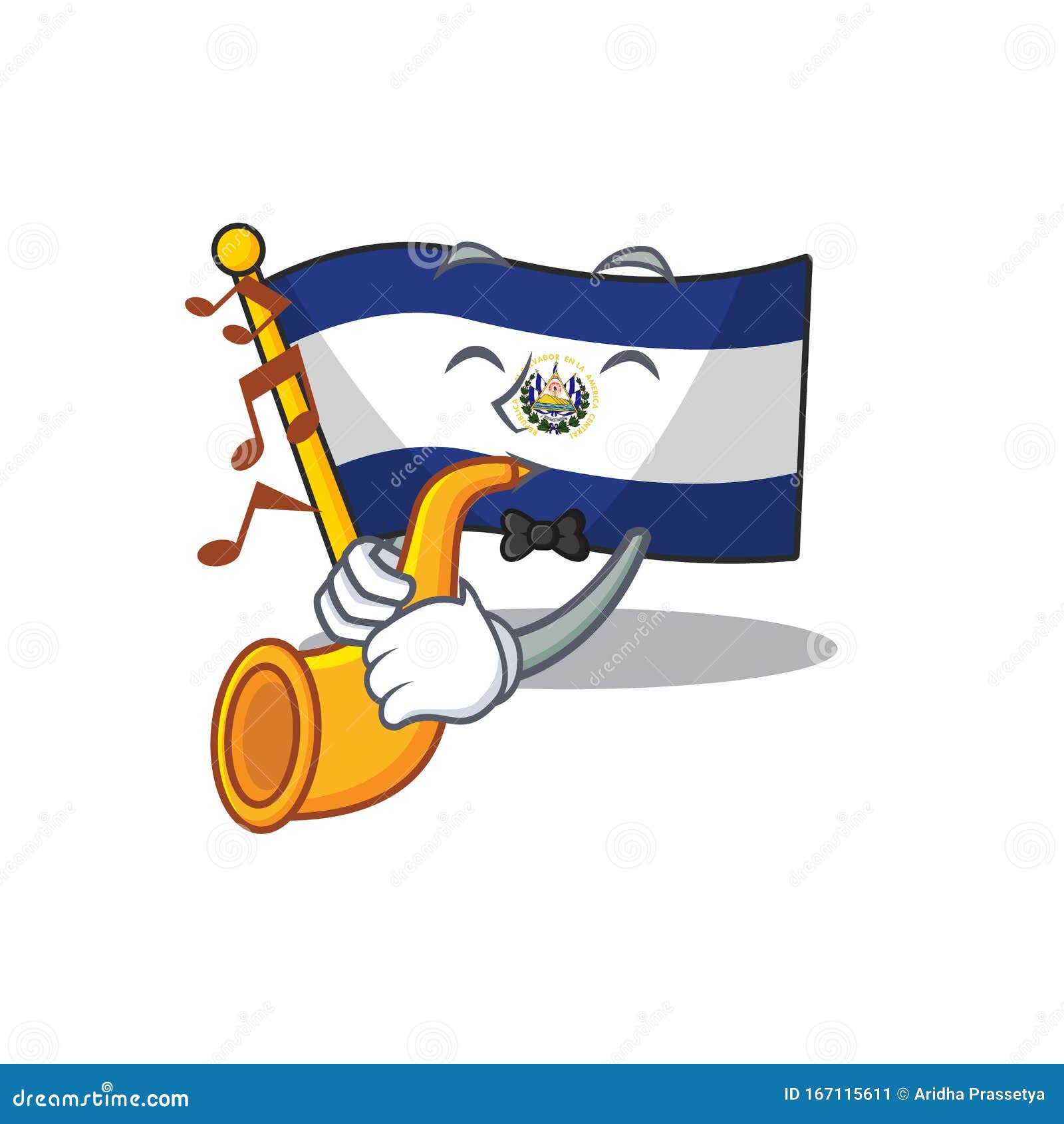 Representación Del Personaje De Dibujos Animados Flag El Salvador Scroll  Con Trompeta Ilustración del Vector - Ilustración de torpe, original:  167115611