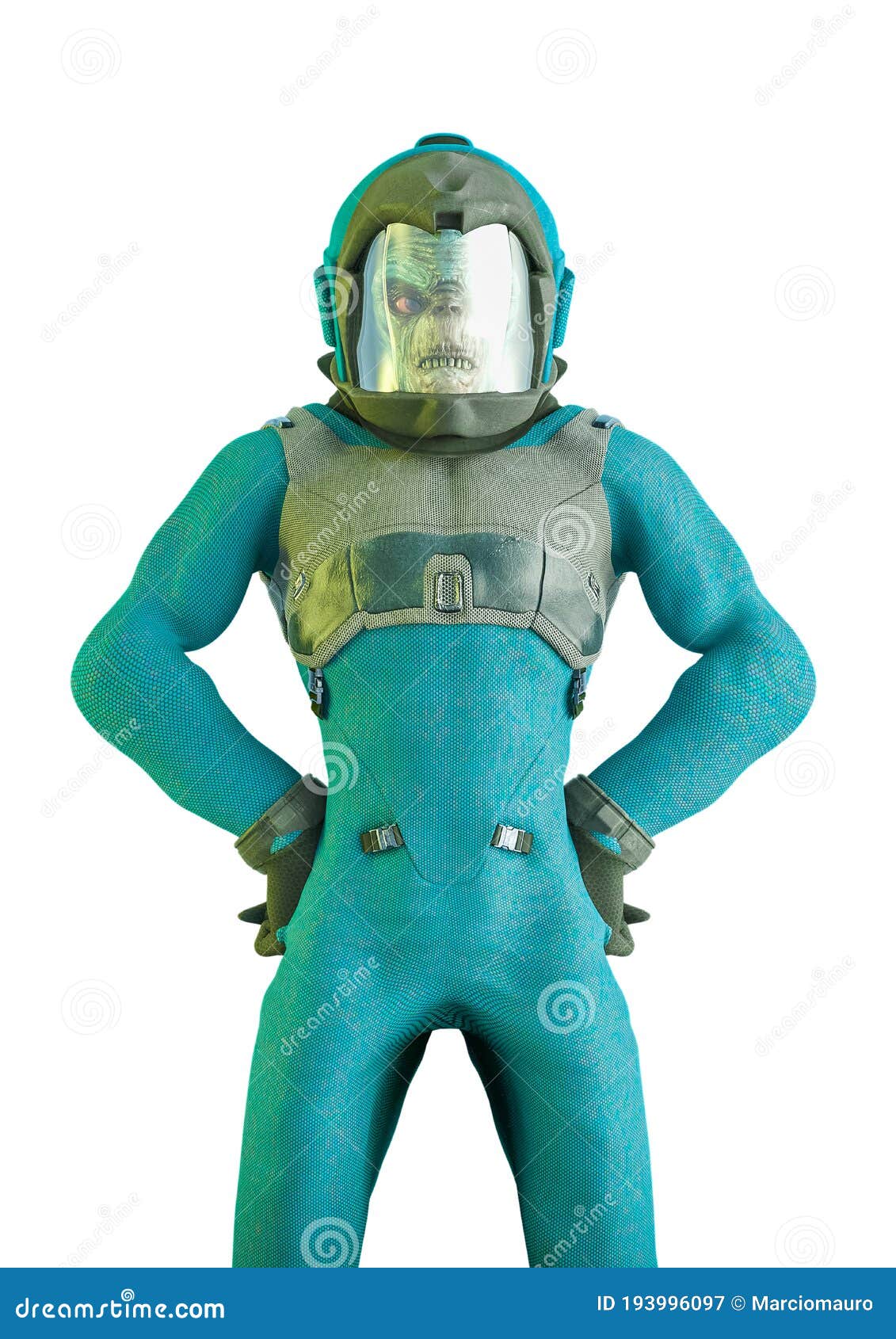 reptoid astronaut doing a super pose pin up in white background