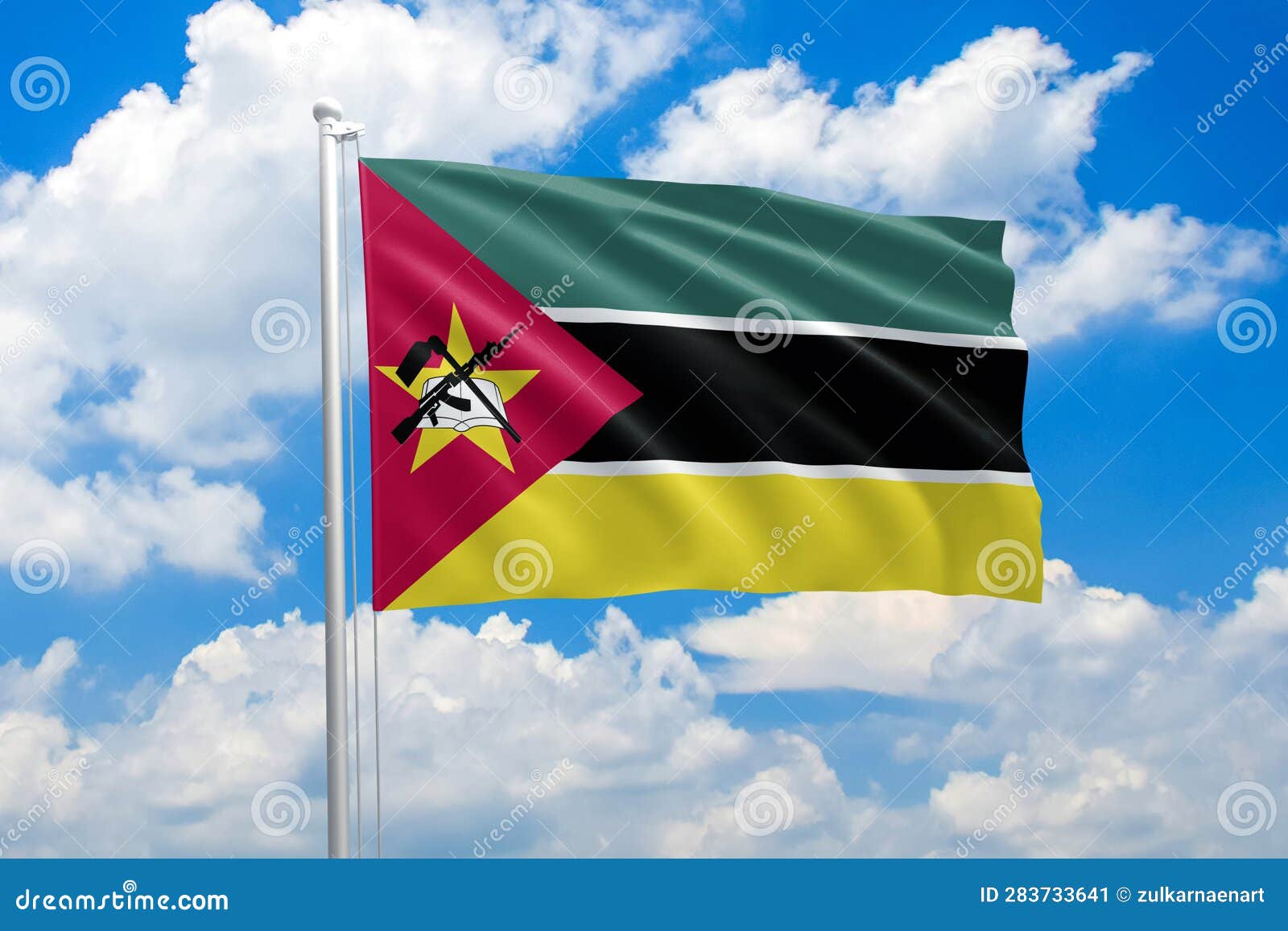 mozambique national flag waving in the wind on clouds sky. high quality fabric. international relations concept