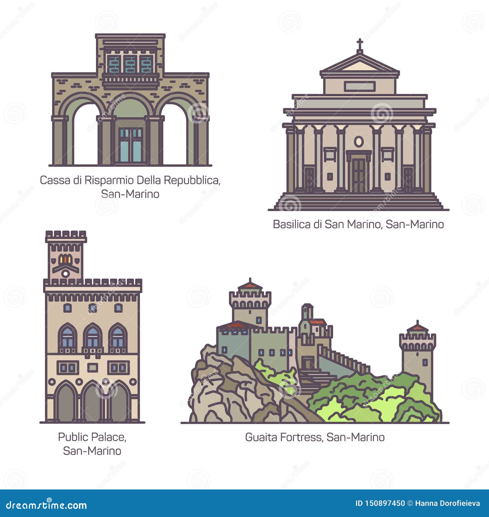 set of san marino famous monuments in line