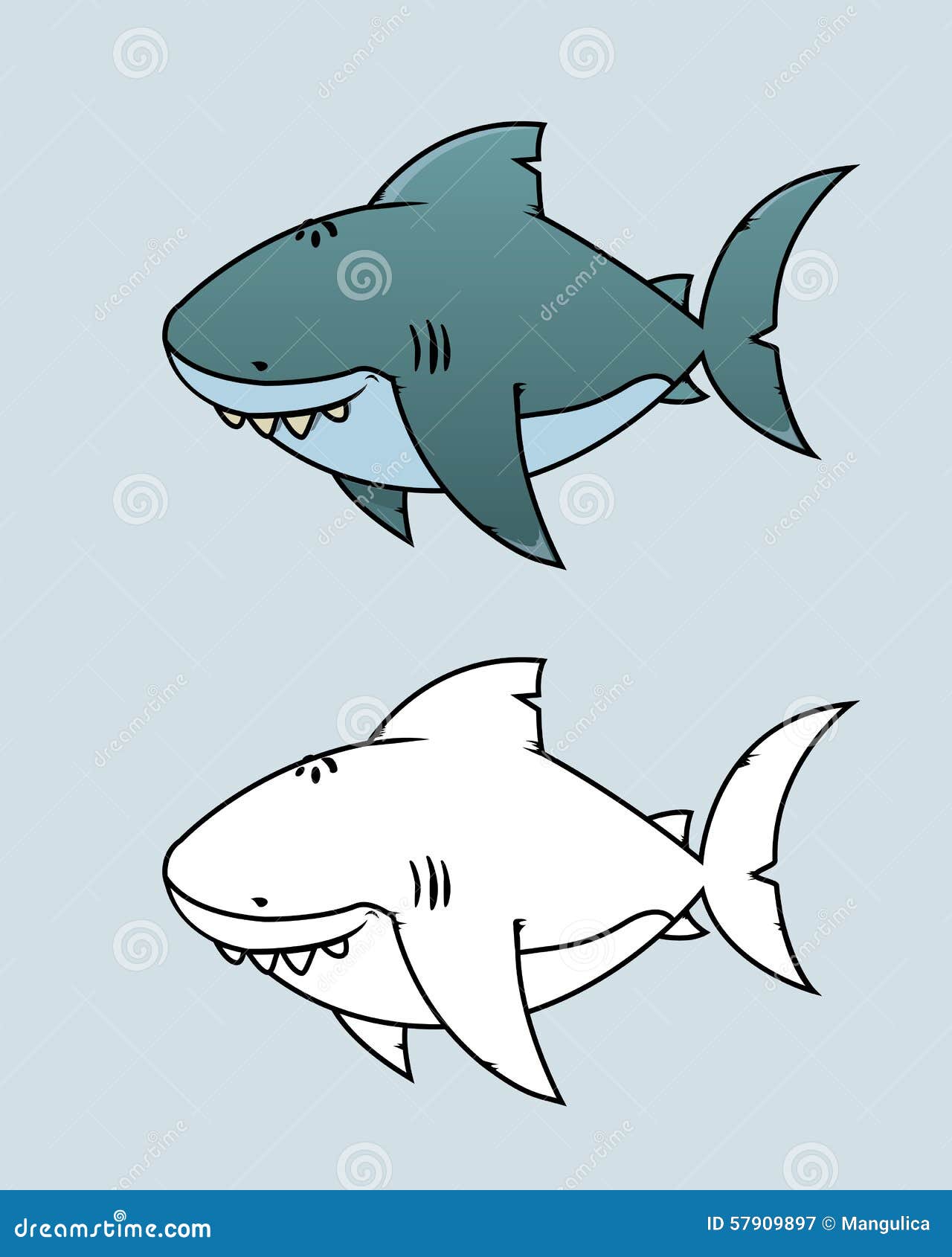 Requin blanc grand. Personnage de dessin animé de regard heureux et drôle Illustration de livre de coloriage d'isolement