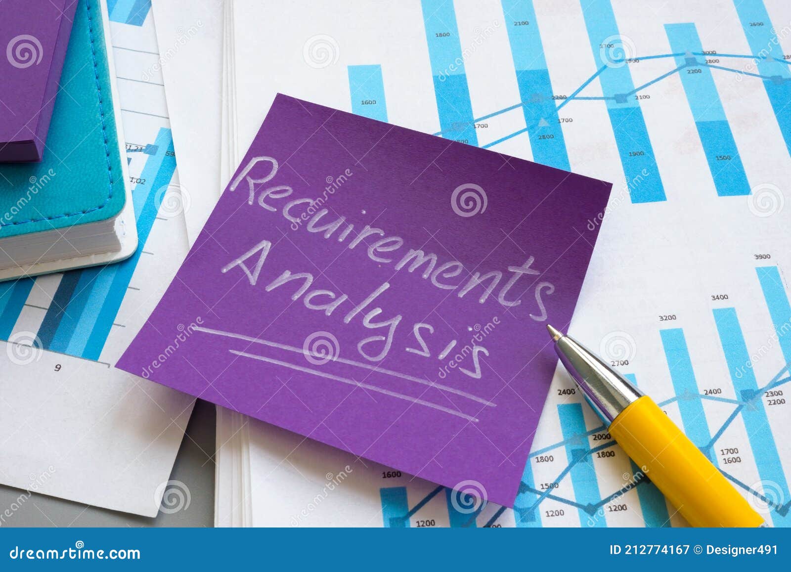Requirements Analysis Report with Papers and Charts. Stock Image