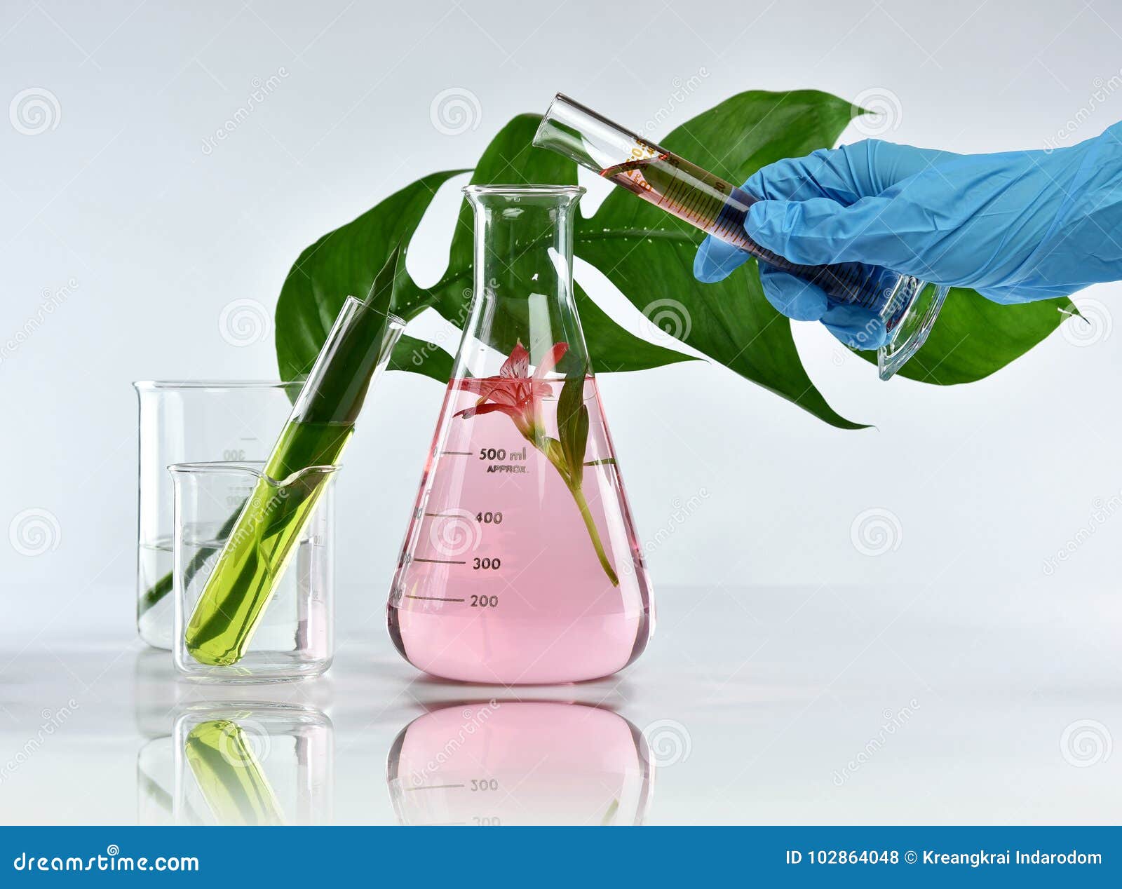 researcher mixing organic natural extraction, pharmacist formulating skincare cosmetics from flower plant essence