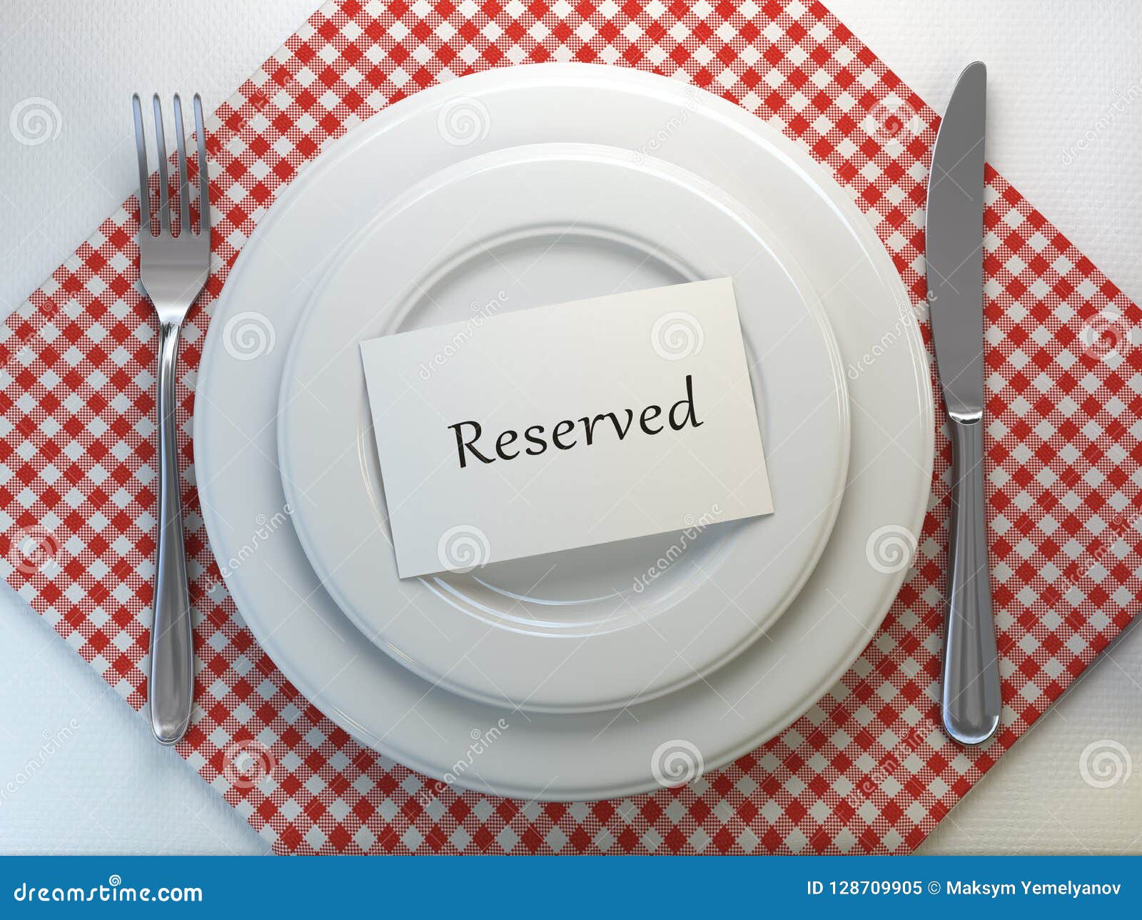 reserved card on a restaurant table setting. top view. mock up.