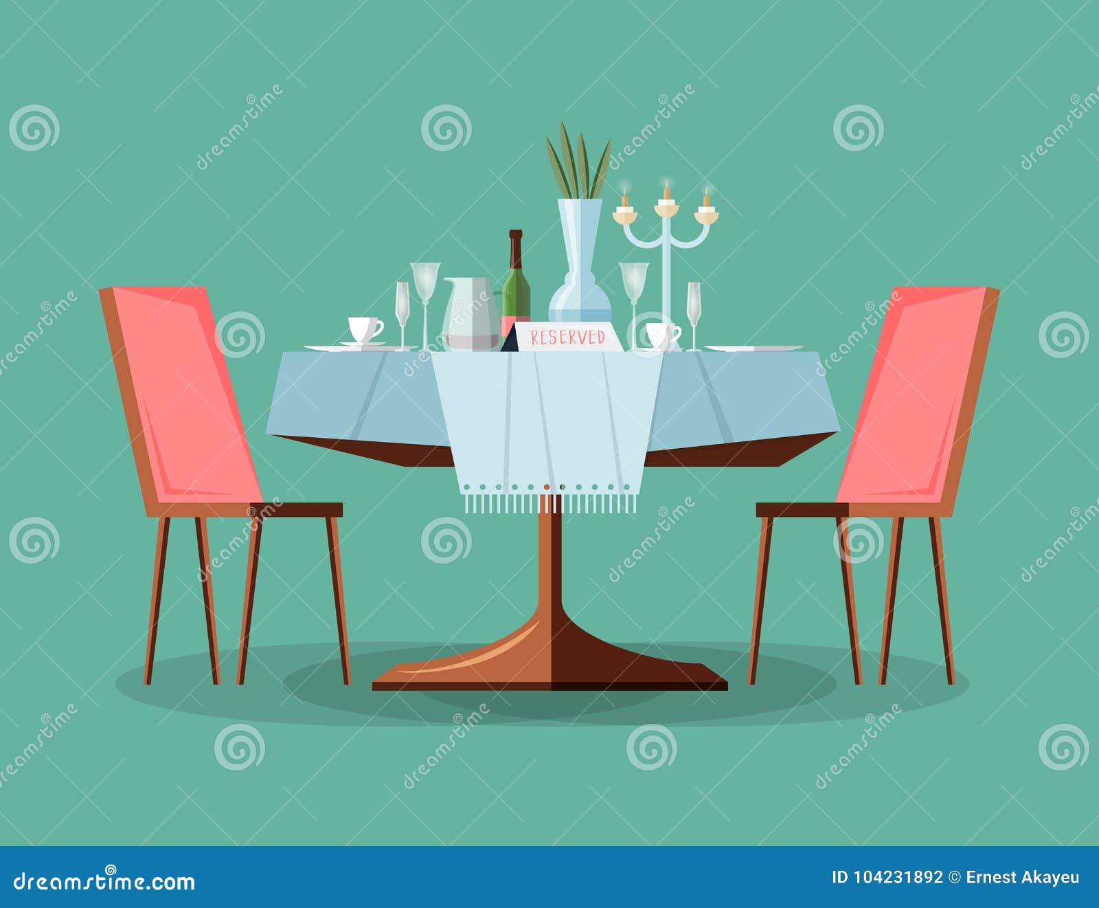 reserved modern restaurant table with tablecloth, candles in candlestick, plant, wineglasses, reservation tabletop sign