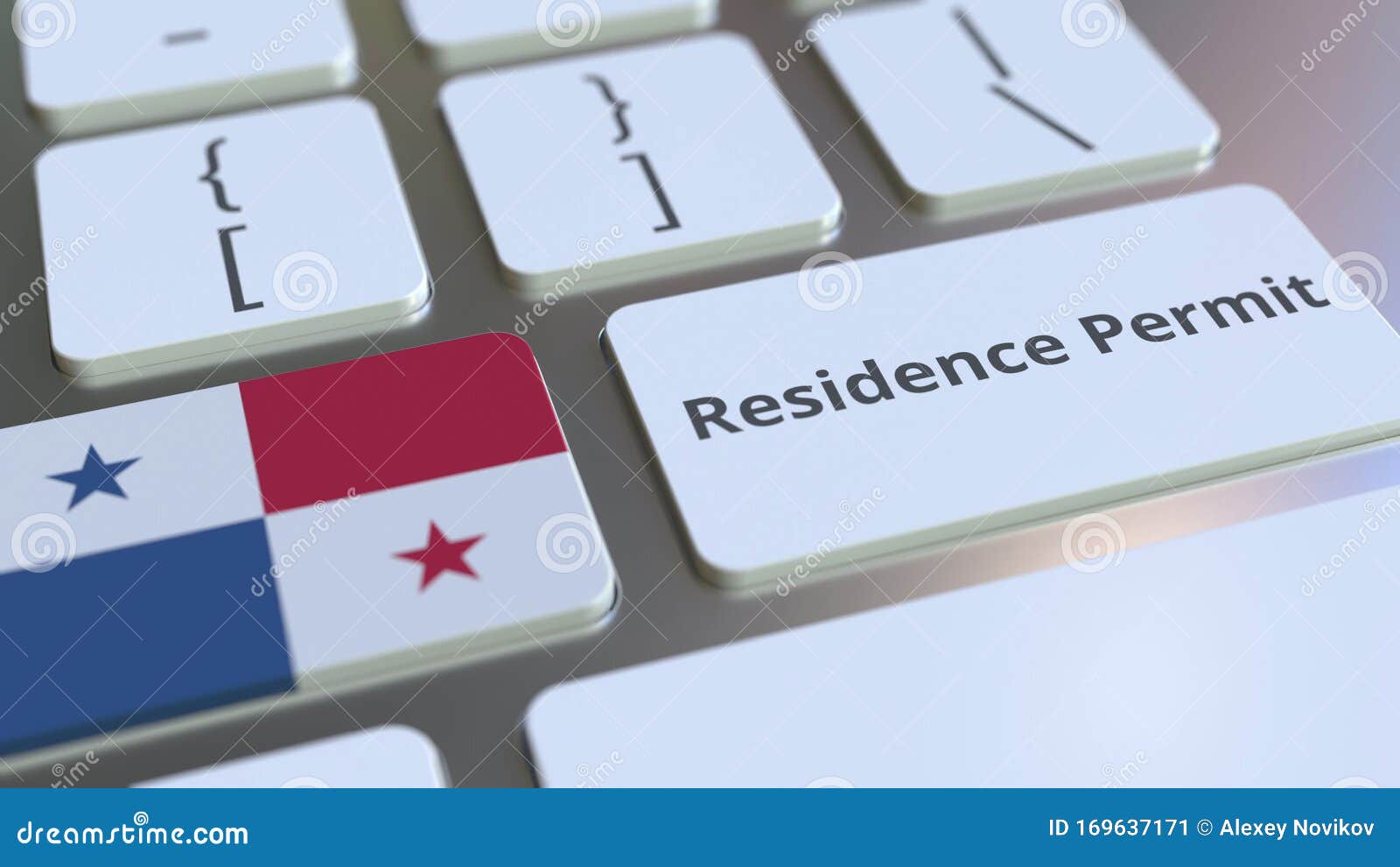 Residence Permit Text and Flag of Panama on the Buttons on the Computer