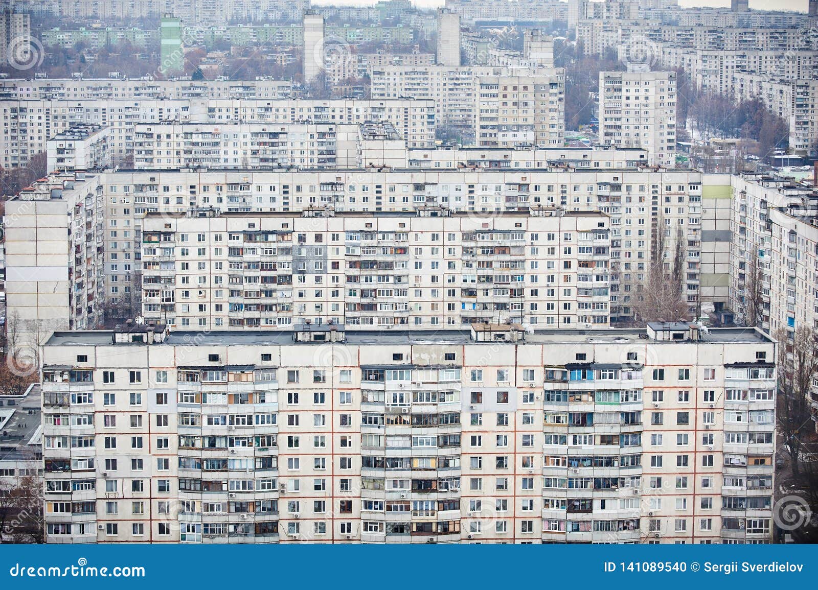 residential district with soviet apartment buildings in kharkiv, ukraine
