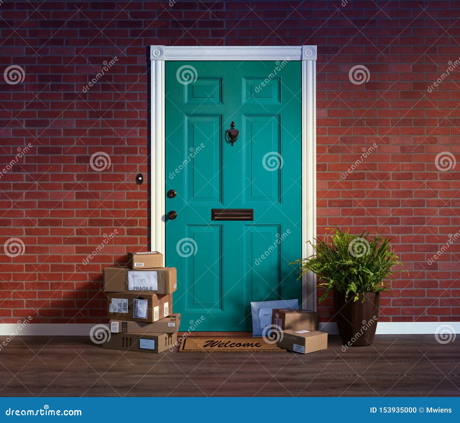 residential front door with stacks of boxes from online purchases