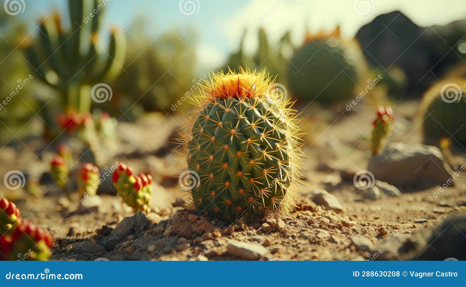 A Resilient Cactus Amidst the Arid Expanse of the Desert. Stock(05)