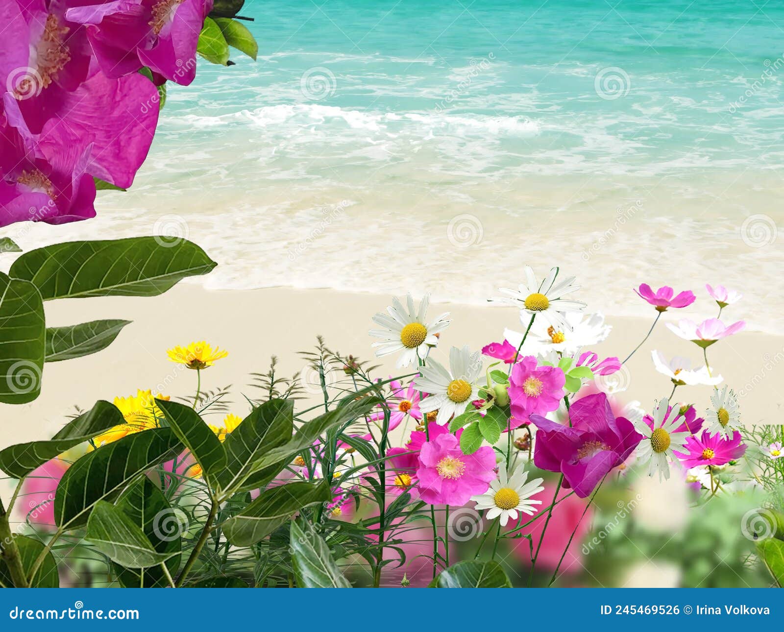 blue sky and turquoise sea  water wave white sand and  green tropical plant and beautiful wild flowers suumer beach holiday backgr