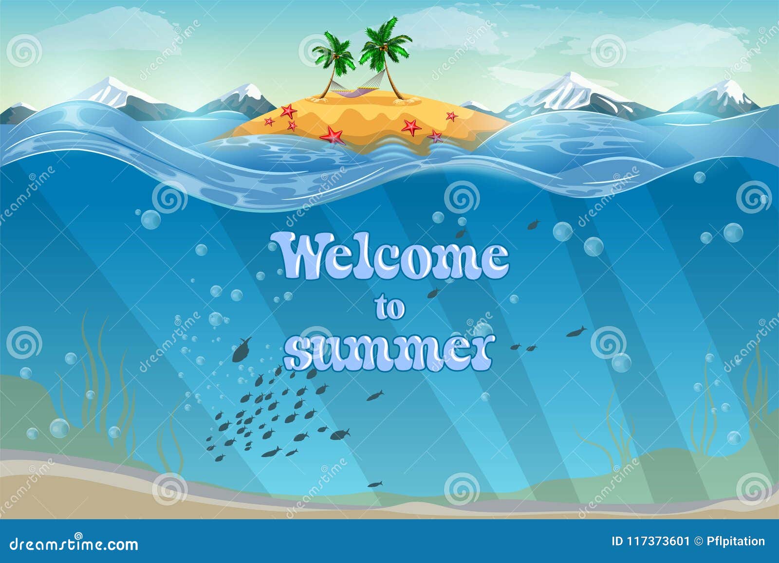 resort topical island. invitation card. underwater coral reef seabed and water surface with tropical isl stock image