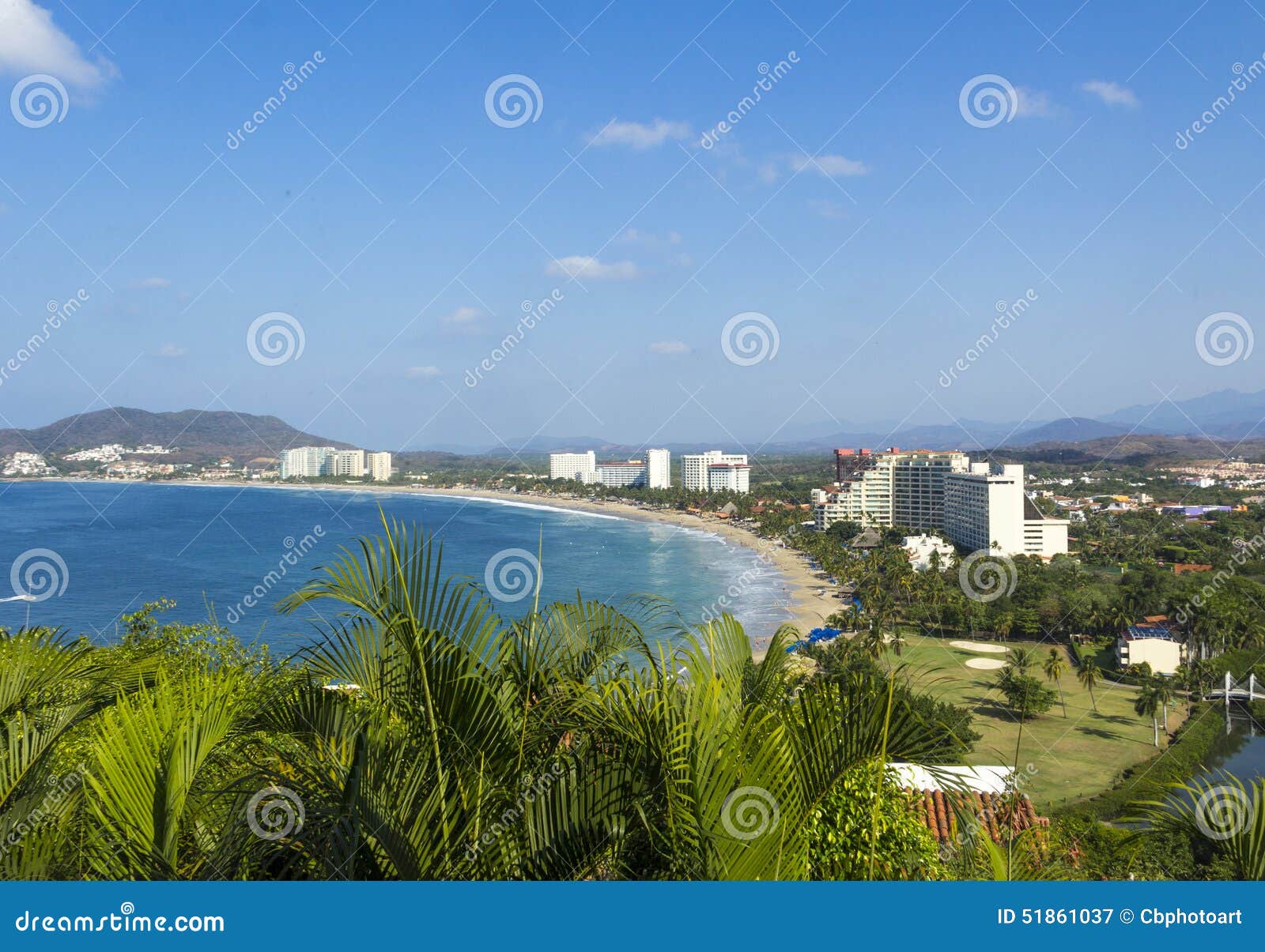 resorts along the shoreline of ixtapa bay in mexico.